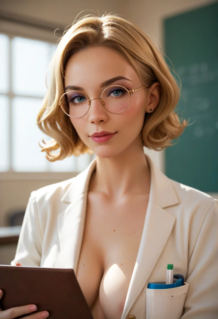 A portrait of a young female scientist from the UK, Clarisse Evans, focusing on her upper body. ((She has curly blonde bob-cut hair)), framing her face with an intelligent yet approachable look. She wears round glasses, with a sharp but slightly clumsy expression. Her slightly messy white lab coat features pencil marks and subtle wrinkles, reflecting her diligent work in the lab. In her hands, she holds a notebook with a doodle of a life form. The blurred background shows scattered test tubes and beakers in a cluttered lab. The atmosphere blends classic British elegance with vibrant scientific passion, Erotic body, C cup boobs, Breasts exposed