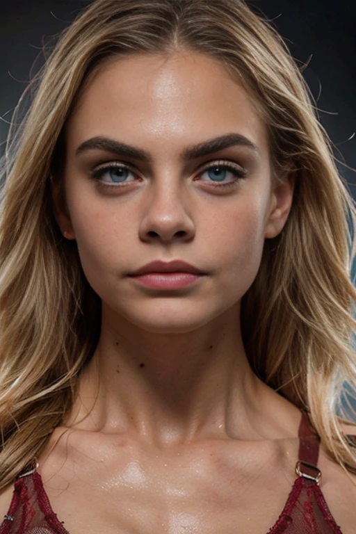 (hyper realistic image,  high resolution, 8k,  super detailed,  masterpiece ) 1 (muscle girl:1.37), Cara Delevingne, detailed face,  makeup, blonde hair, beautiful (body muscular:1.2), (busty:1.2), defined muscles, wearing a lingerie, shiny oily skin,  professional lighting,  