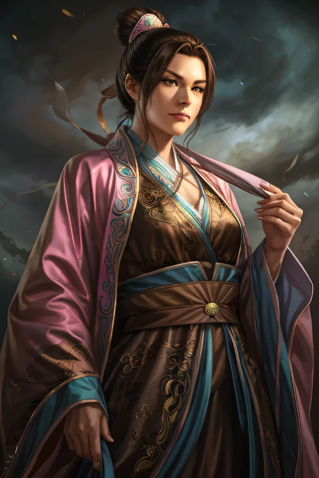 18 years old beautiful female chinese official, wearing pastel-colored robe, dark brown hair, full body, ultimate detail, 8k, UHD,close-up, full-length potrait, centered, character potrait, fantasy art, fantasy concept art, cinematic lighting, highly detailed