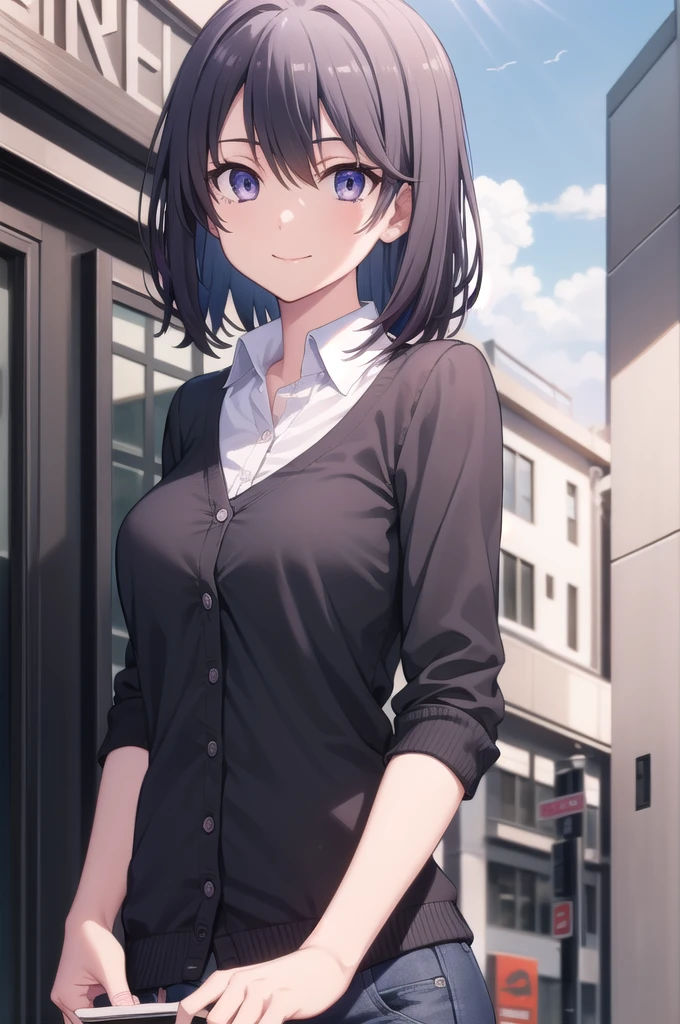 haruno yukinoshita, haruno yukinoshita,  short hair,  hair between eyes, ( dark eyes:1.5),  black hair,  gradient hair ,  Bicolor Hair ,  purple hair, smile,
break shirt,  white shirt,  colored shirt ,  cardigan, black  cardigan,
break outdoors, city, null, sun, people々, crowd, building, cloud,
break looking at viewer,
break (masterpiece:1.2),  best quality,  high definition ,  Unity 8k Wallpaper, (Illustration:0.8), ( beautiful detailed eyes :1.6),   very detailed face,  perfect lighting,  Highly Detailed CG, (  perfect hands , perfect anatomy),