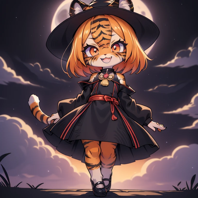 ((masterpiece, High quality, Best quality, 8k, High resolution)), ((chibii style, chibi cute)), ((solo, 1  girl)), {tiger girl, tiger face, 1 fang, long eyelashes, eyeliner} {tiger whiskers}, (((Tiger skin all over the body, Tiger stripes on the body))), (short hair, orange hair), [detailed eyes, black pupile], ((happy, smile)), ((close mouth)), ((from below)), (flat chest), thin arms, {{{black witch dress, black witch hat, purple pantyhouse}}}, {{{mini tiger Tail, Tail on the back}}}, ((full body, walking, dynamic pose)), (night background, moon blurry background, moonlight, clouds), ((((Tora-chan no Hanayome style)))), (old anime 40s style), anime style.