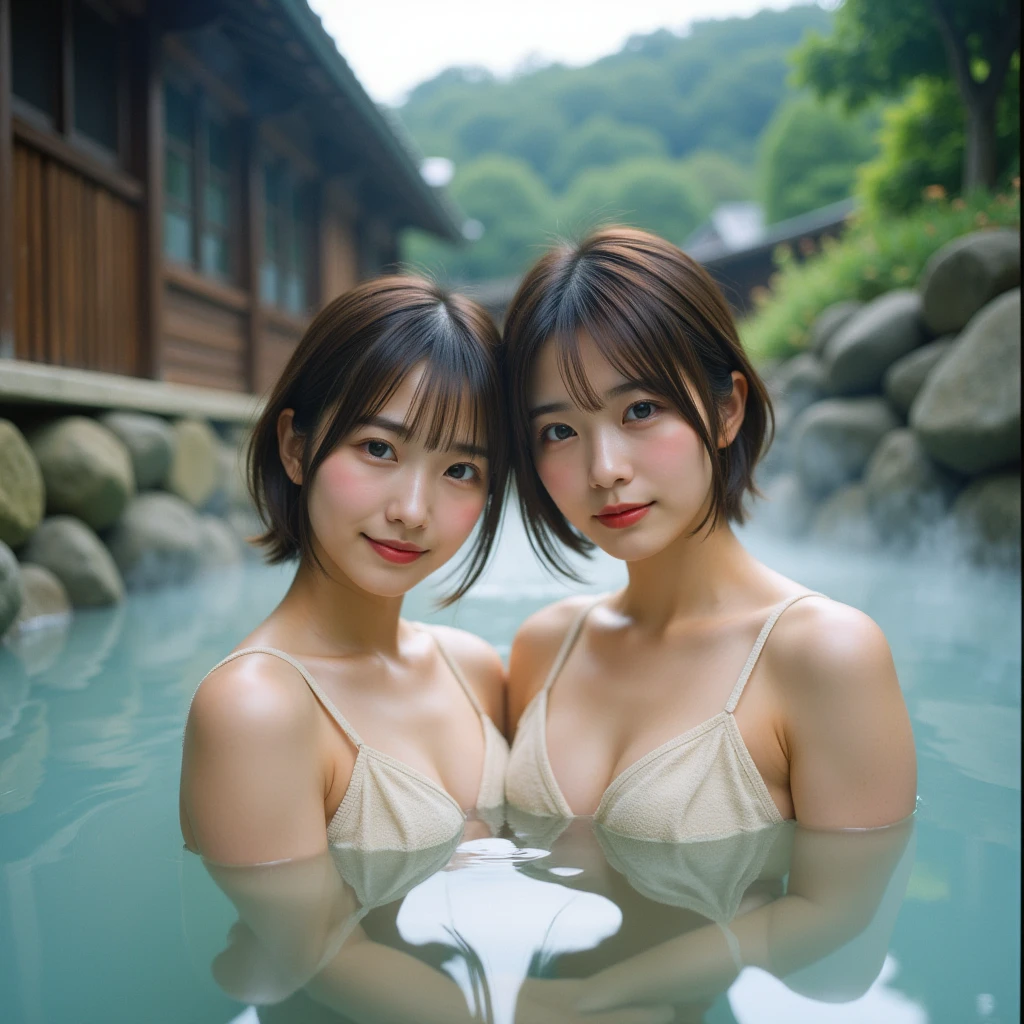 NSFW:1.2,  taking a rocky hot spring at night、japanes、Hot and dazed look、Random and beautiful body shape、Wrap a towel around your hair、Very deep composition、Painting a hazy picture with steam、Soft Bulb Lighting、Secretly shot with Super Zoom from inside the bushes、secret hot spring、sixteen years ol