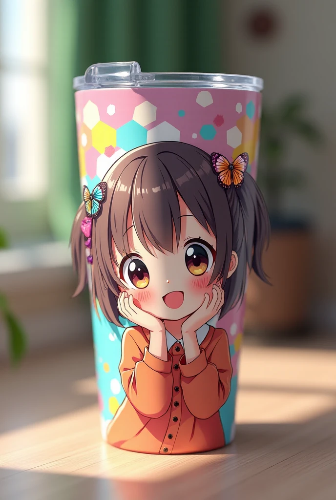  Photorealistic 、 Japanese anime characters drawn on them(Chibi Girl、smile、Butterfly Hair Ornament、 colorful 、whole body、Comical pose)A tumbler with a picture of