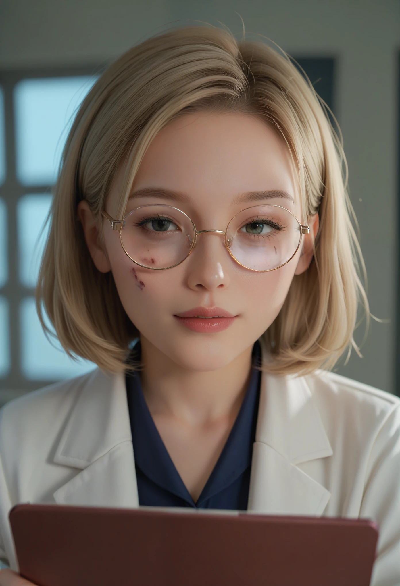 A portrait of a young female scientist from the UK, Clarisse Evans, focusing on her upper body. She has wavy blonde bob-cut hair, framing her face with an intelligent yet approachable look. She wears round glasses, with a sharp but slightly clumsy expression. Her slightly messy white lab coat features pencil marks and subtle wrinkles, reflecting her diligent work in the lab. In her hands, she holds a notebook with a doodle of a life form. The blurred background shows scattered test tubes and beakers in a cluttered lab. The atmosphere blends classic British elegance with vibrant scientific passion