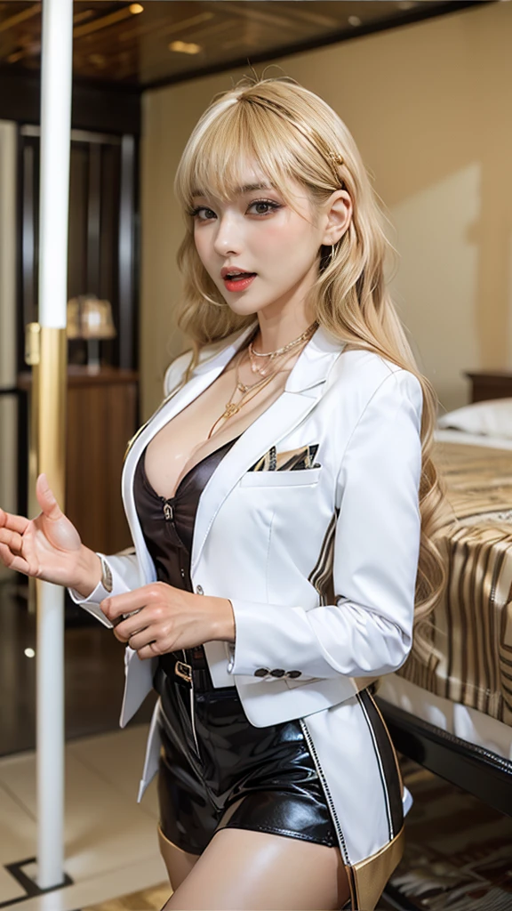 1womanl、(Super beautiful)、(beauitful face:2)、(A detailed face:1.3)、(Shot from the knee up:1.2)、(Beautiful Europeans:1.2)、(Cabin Crew)、(Flight attendant uniforms)、(Tailored jacket:1.1)、(a miniskirt:1.5)、(She lifts her skirt to reveal her white panties:1.5)、(Bare legs:1.5)、(Golden head hair:1.4)、(Standing in the corridor of an airplane:1.2)、(Dressing)