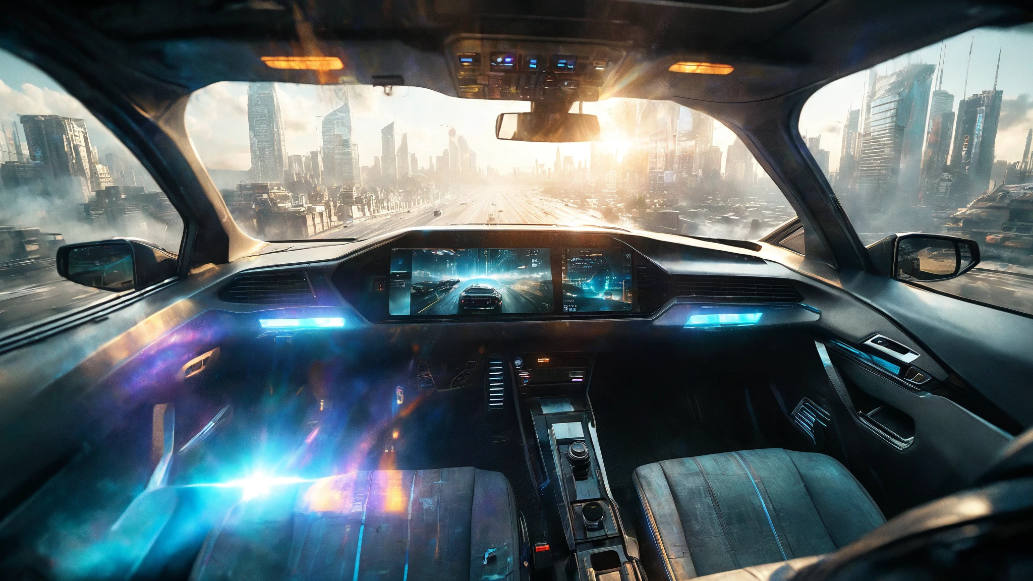 Apocalyptic, Explosion. Flying car flying between futuristic buildings, not on the road. Inside futuristic cockpit, woman sitting in driver's seat. Camera is inside car towards side mirror, futuristic dashboard with holographic display, cityscape with huge wall and cold concrete through windshield, cyberpunk megalopolis, burning streets below, huge skyscrapers with glowing windows, dystopian atmosphere, volumetric fog, lens flare, detailed interior vehicle controls, highly detailed, cinematic lighting, 8k, realistic, blade runner style, ultra wide --ar 16:9 --style cinematic --q 2

Negative prompts: animation, cartoon, illustration, low quality, blurry, daylight, trees, nature, clear sky