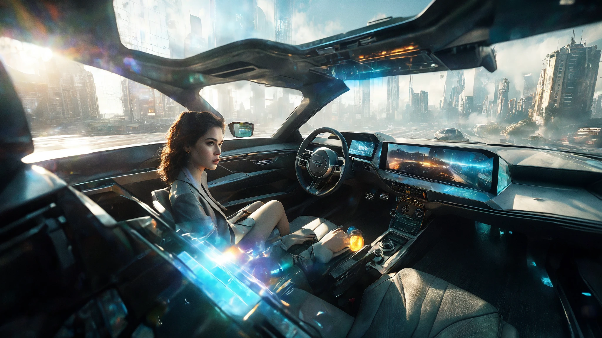 Apocalyptic, Explosion. Flying car flying between futuristic buildings, not on the road. Inside futuristic cockpit, woman sitting in driver's seat. Camera is inside car towards side mirror, futuristic dashboard with holographic display, cityscape with huge wall and cold concrete through windshield, cyberpunk megalopolis, burning streets below, huge skyscrapers with glowing windows, dystopian atmosphere, volumetric fog, lens flare, detailed interior vehicle controls, highly detailed, cinematic lighting, 8k, realistic, blade runner style, ultra wide --ar 16:9 --style cinematic --q 2

Negative prompts: animation, cartoon, illustration, low quality, blurry, daylight, trees, nature, clear sky