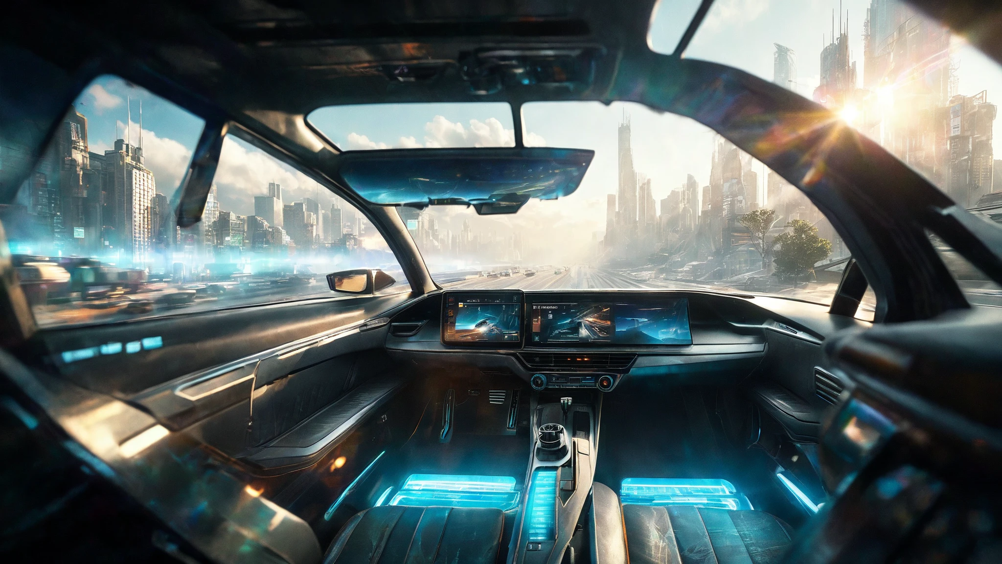 Apocalyptic, Explosion. Flying car flying between futuristic buildings, not on the road. Inside futuristic cockpit, woman sitting in driver's seat. Camera is inside car towards side mirror, futuristic dashboard with holographic display, cityscape with huge wall and cold concrete through windshield, cyberpunk megalopolis, burning streets below, huge skyscrapers with glowing windows, dystopian atmosphere, volumetric fog, lens flare, detailed interior vehicle controls, highly detailed, cinematic lighting, 8k, realistic, blade runner style, ultra wide --ar 16:9 --style cinematic --q 2

Negative prompts: animation, cartoon, illustration, low quality, blurry, daylight, trees, nature, clear sky