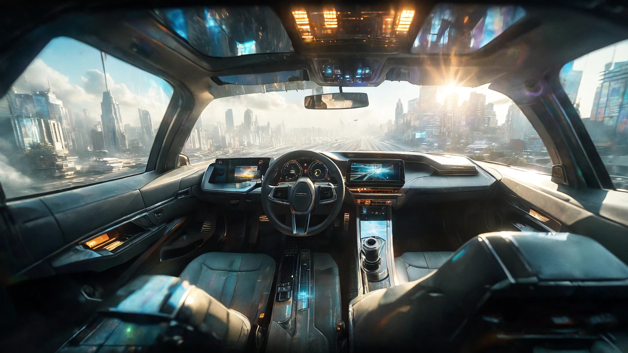 Apocalyptic, Explosion. Flying car flying between futuristic buildings, not on the road. Inside futuristic cockpit, woman sitting in driver's seat. Camera is inside car towards side mirror, futuristic dashboard with holographic display, cityscape with huge wall and cold concrete through windshield, cyberpunk megalopolis, burning streets below, huge skyscrapers with glowing windows, dystopian atmosphere, volumetric fog, lens flare, detailed interior vehicle controls, highly detailed, cinematic lighting, 8k, realistic, blade runner style, ultra wide --ar 16:9 --style cinematic --q 2

Negative prompts: animation, cartoon, illustration, low quality, blurry, daylight, trees, nature, clear sky