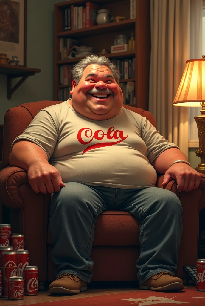 (realisitic)(bald man with a big nose and a big belly )the man is lying in his bed drinking coca cola (the bedroom floor is full of coca cola cans )the man looks happy