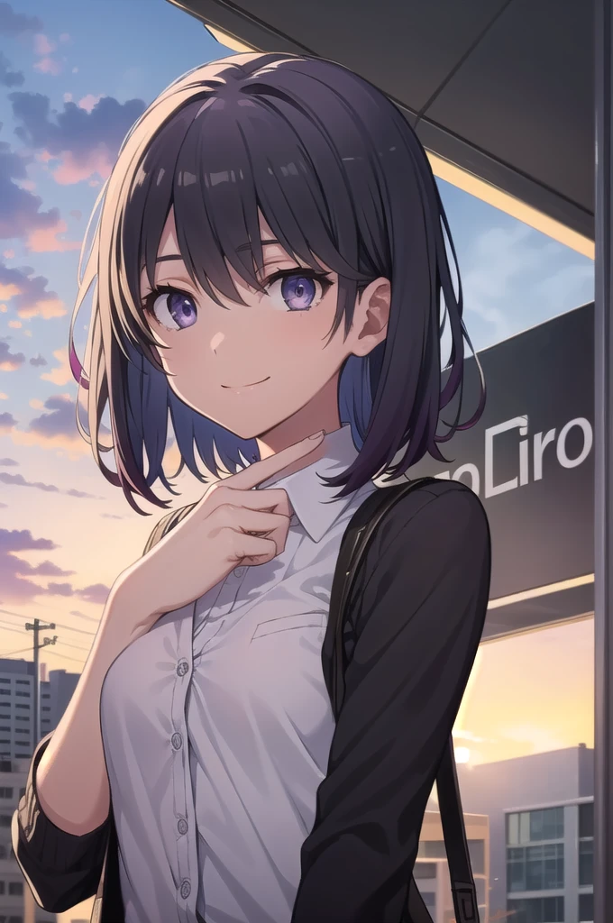 haruno yukinoshita, haruno yukinoshita,  short hair,  hair between eyes, ( dark eyes:1.5),  black hair,  gradient hair ,  Bicolor Hair ,  purple hair, smile,
break shirt,  white shirt,  colored shirt ,  cardigan, black  cardigan,
break outdoors, city, null, sun, people々, crowd, building, cloud,
break looking at viewer,
break (masterpiece:1.2),  best quality,  high definition ,  Unity 8k Wallpaper, (Illustration:0.8), ( beautiful detailed eyes :1.6),   very detailed face,  perfect lighting,  Highly Detailed CG, (  perfect hands , perfect anatomy),