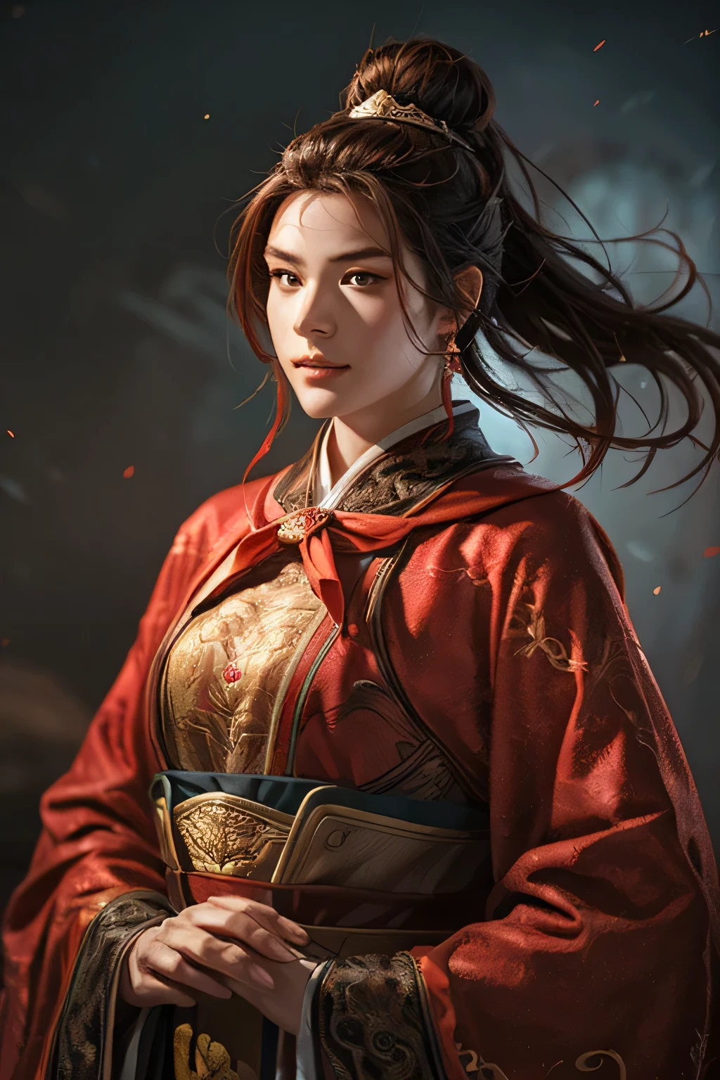 18 years old beautiful female chinese official, wearing crimson robe, dark brown hair, full body, ultimate detail, 8k, UHD,close-up, full-length potrait, centered, character potrait, fantasy art, fantasy concept art, cinematic lighting, highly detailed
