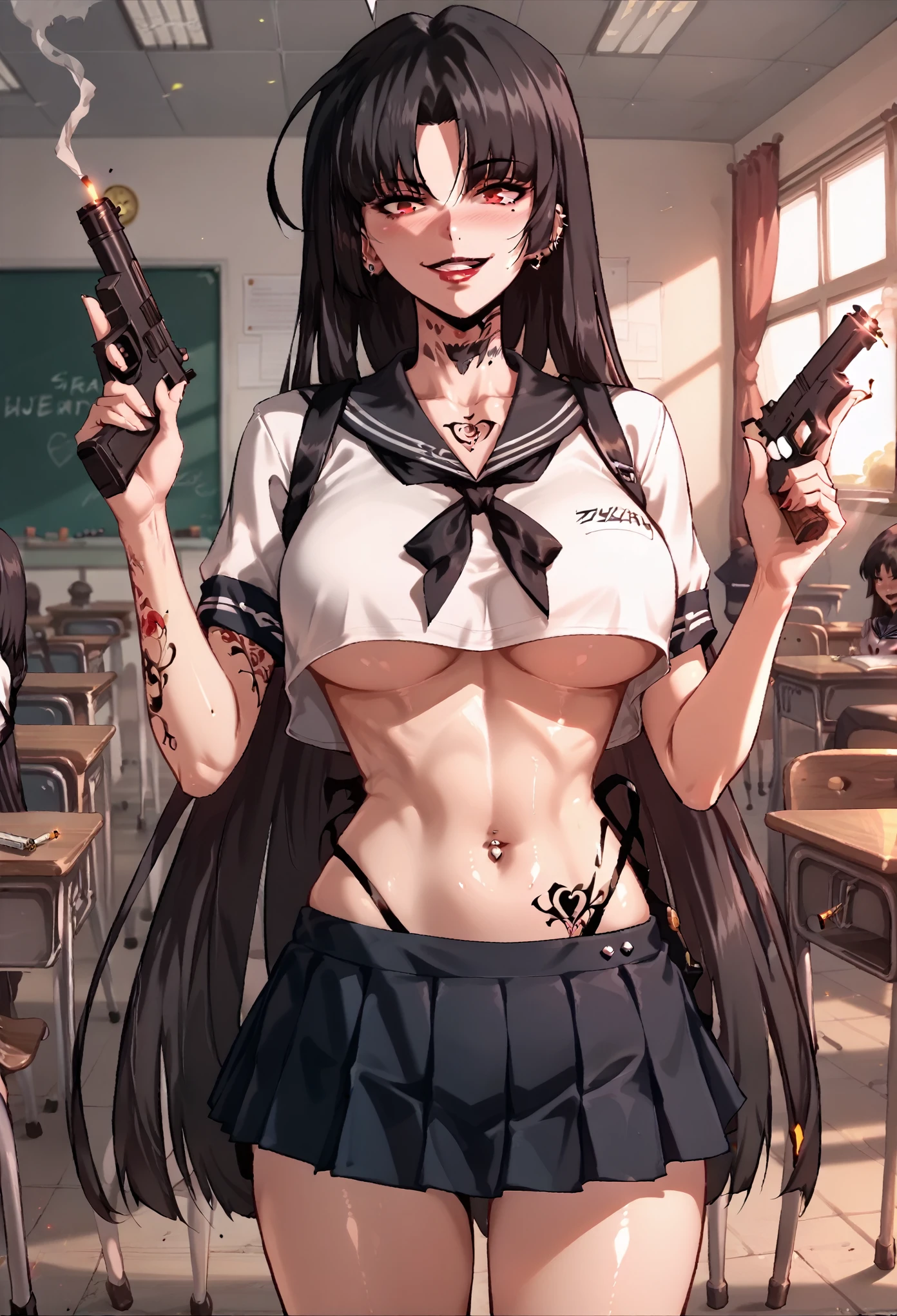 Moebius, red eyes, black hair, very long hair, large breasts, ear piercing, long hair, blush, lipstick,Hot girl, baddie, bad attitude, mean girl,smoking, sensual, attractive, masterpiece, best quality, highly detailed, a anime girls in sailor uniforms with a gun posing for a picture,
evil smile, smile, open mouth,black_serafuku, ecchi anime style, anime girls , (nsfw) not safe for work,
ecchi style, ecchi, shipgirls, digital anime art!!, high school girls, holding a gun, hold a gun, anime style 4
k, micro skirt, exposed belly, exposed navel, exposed midriff, holding pistol,underboob,
exposed lower belly,school, classroom, navel piercing, tattoo on body, tattoo midriff, rose tattoo, shiny skin