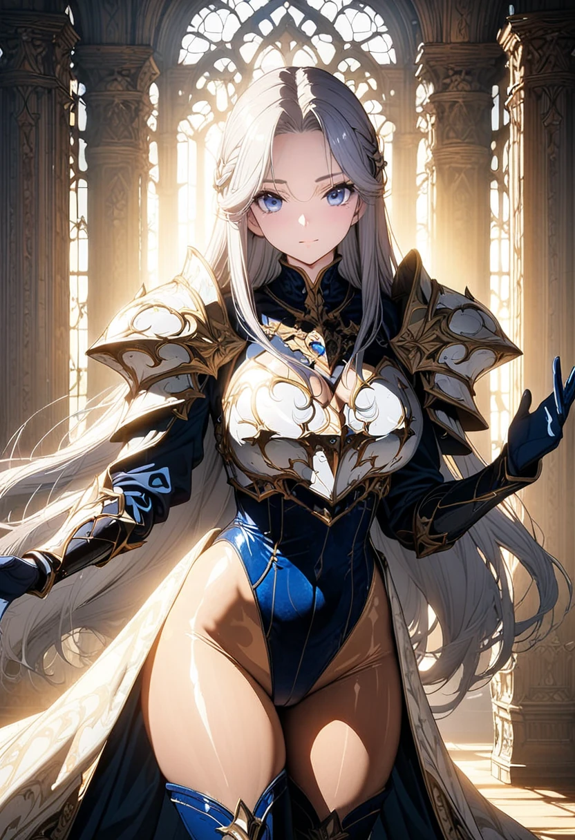 (solo),1lady,anime face,Azur Lane style,cowboy shot,A beautiful face with perfect makeup,Curvy body,(Velvet leotard:1.5),((luxurious and noble royal knight armor Velvet high leg leotard)),((matte high leg body suit)),((large golden shoulder armor)),(breastplate:1.3),(zettai ryouiki thigh high boots),((pantyhose)),((gray hair long straight hair:1.2)),(layered long cloak),(large breasts:1.3),breast bag,gauntlet,vambrace,He has a spear in his hand,Use a spear as a weapon,Cross spear,goldsmith spear,sharp point,long handle,fitted bodice,Long middle parted voluminous bangs,white dress elbow gloves,cleavage,beautiful blue eyes,perfectly accurate hand,perfect fingers,long glove,greeting,The Royal Palace's Great Hall,beautiful lighting,masterpiece,highest quality,8k,Ultra-detailed anime style,(cameltoe:0.8),cleavage,