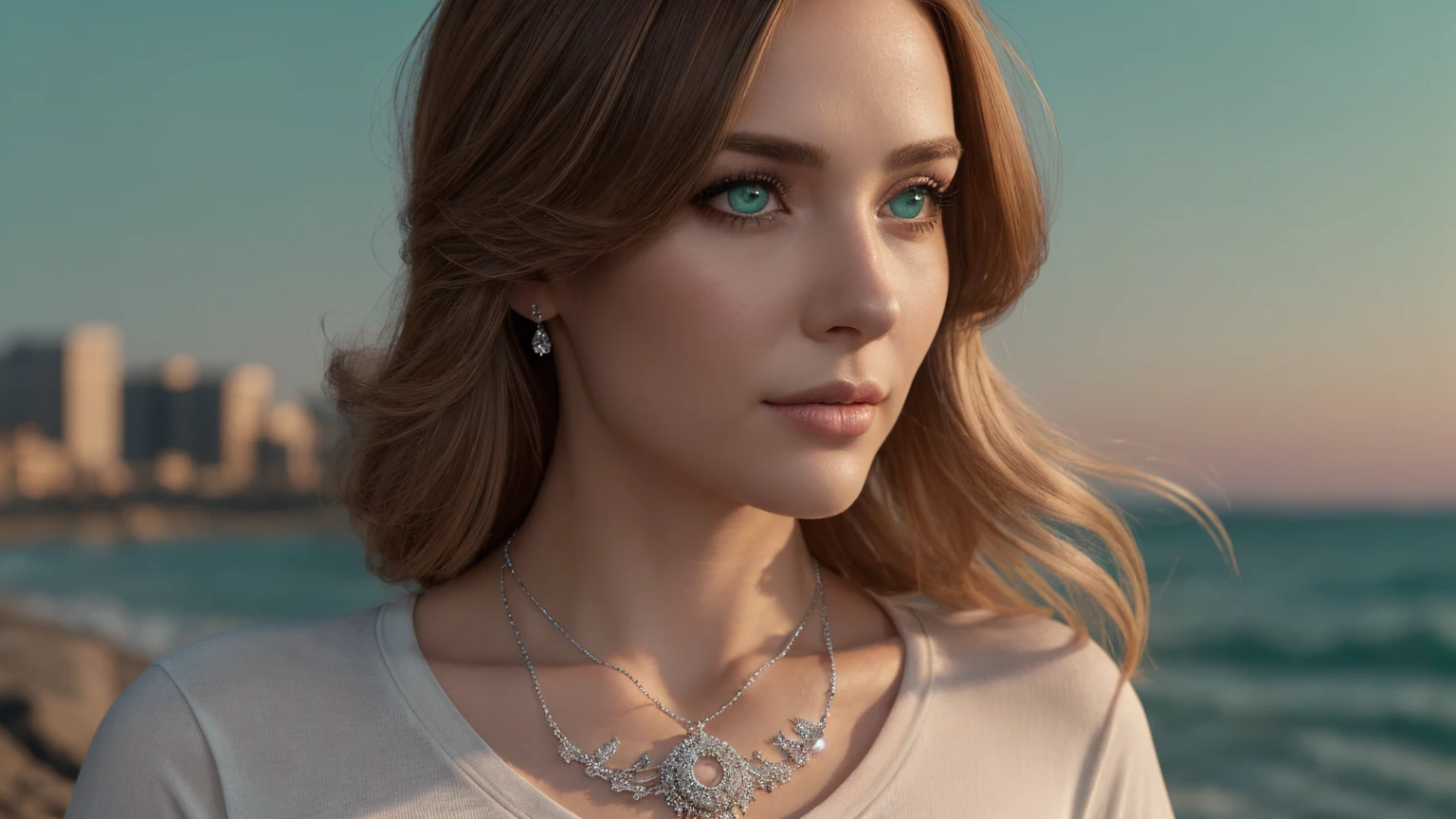 Long auburn wavy hair, sea-green eyes, 30ish years old, gorgeous woman,  (beautiful face: 1.2), Looking at viewer, flirting, desire in her eyes, henley t-shirt, soft feminine body, intricate diamond and white gold necklace, gorgeous shapely legs, (realistic, detailed,  digital art,  4k,  ultra hd: 1.2), Impressionism, 8K Octane, Braid, Hair Over One Eye, Asymmetrical Hair, (photorealistic: 1.2)Masterpiece, Anatomically Correct, Best Quality, High Details, breathtaking, sensual, intimate setting, moonlight