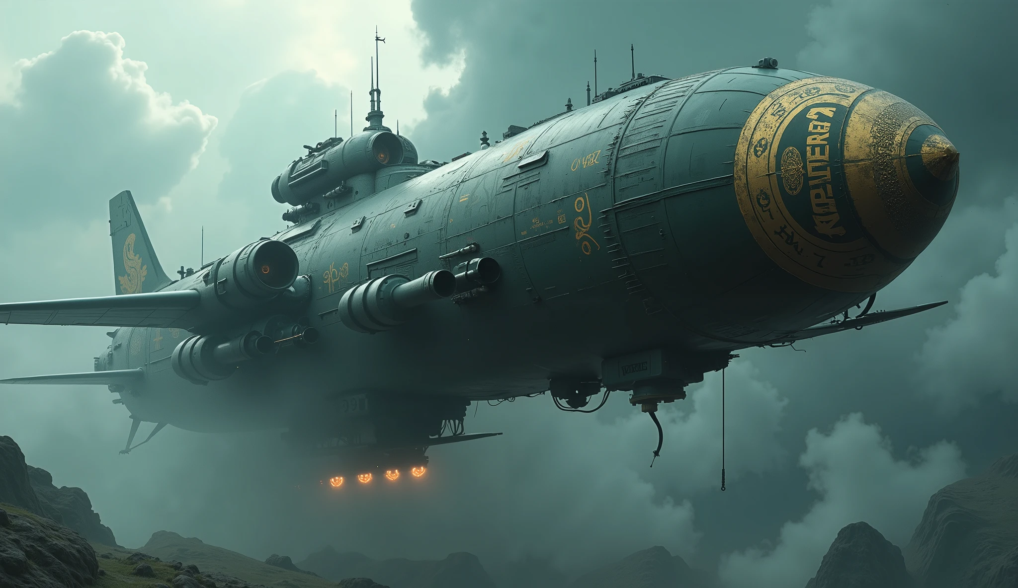 Wide view, high angle looking down shot, futuristic, Sci-fi cinematic scene. Dramatic storming sky background. Giant Armored heavy transport airship flying through, with wings and engines, with guns. wandering through sky, Golden runes and cybernectic line decorate, Grimmdark, mechanical. (Ultra-realistic, 32k, Masterpiece, High Quality, Detailed Realistic Background, Official Art, Realistic Lighting, filmfotos, film grain, reversal film photography).