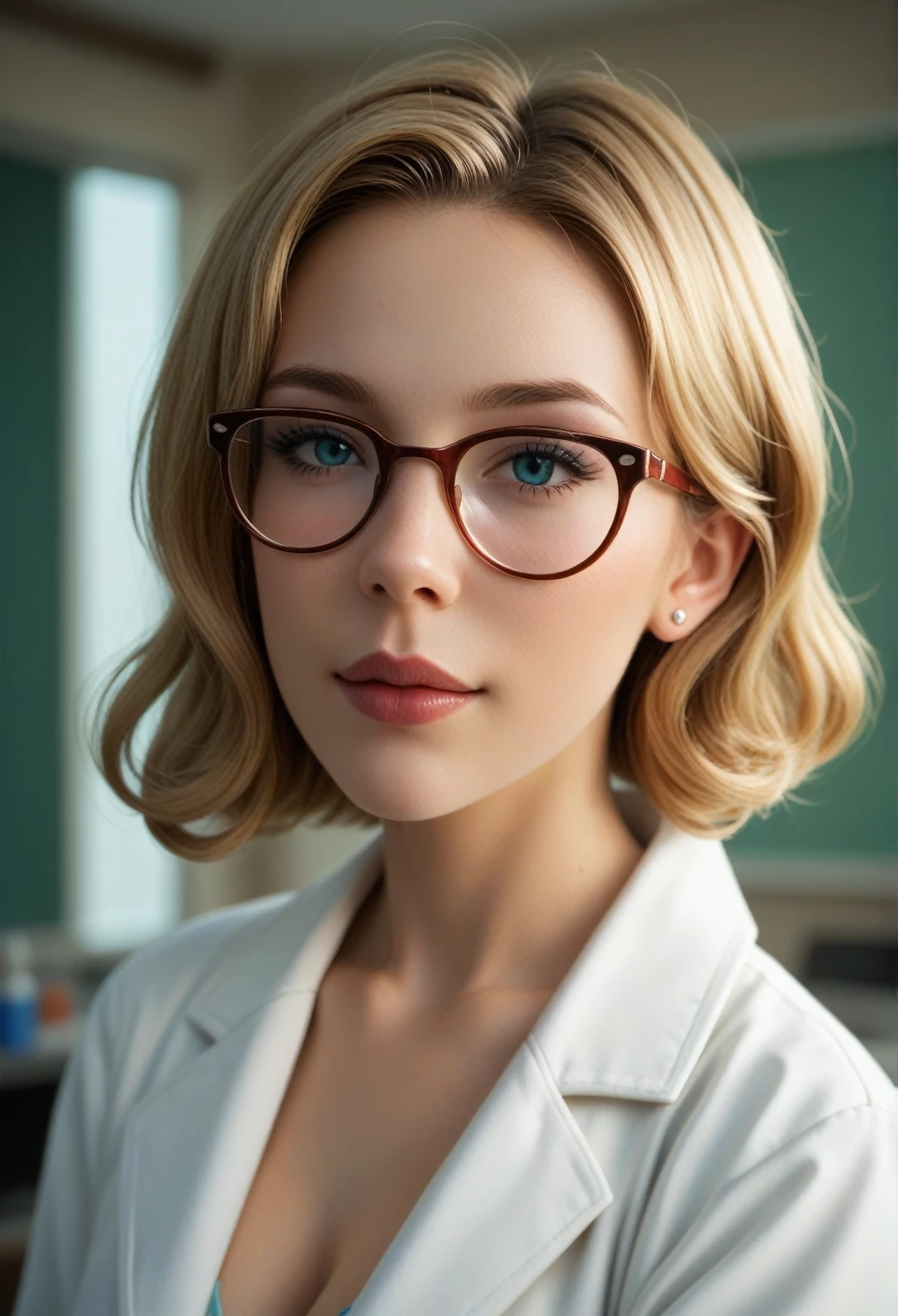 A portrait of a young female scientist from the UK, Clarisse Evans, focusing on her upper body. ((She has Curly blonde bob-cut hair)), framing her face with an intelligent yet approachable look. She wears round glasses, with a sharp but slightly clumsy expression. Her slightly messy white lab coat reflects her dedication to her work. The blurred background features scattered test tubes and beakers in a cluttered lab. The atmosphere blends classic British elegance with vibrant scientific passion, Erotic body, C cup boobs, Breasts exposed