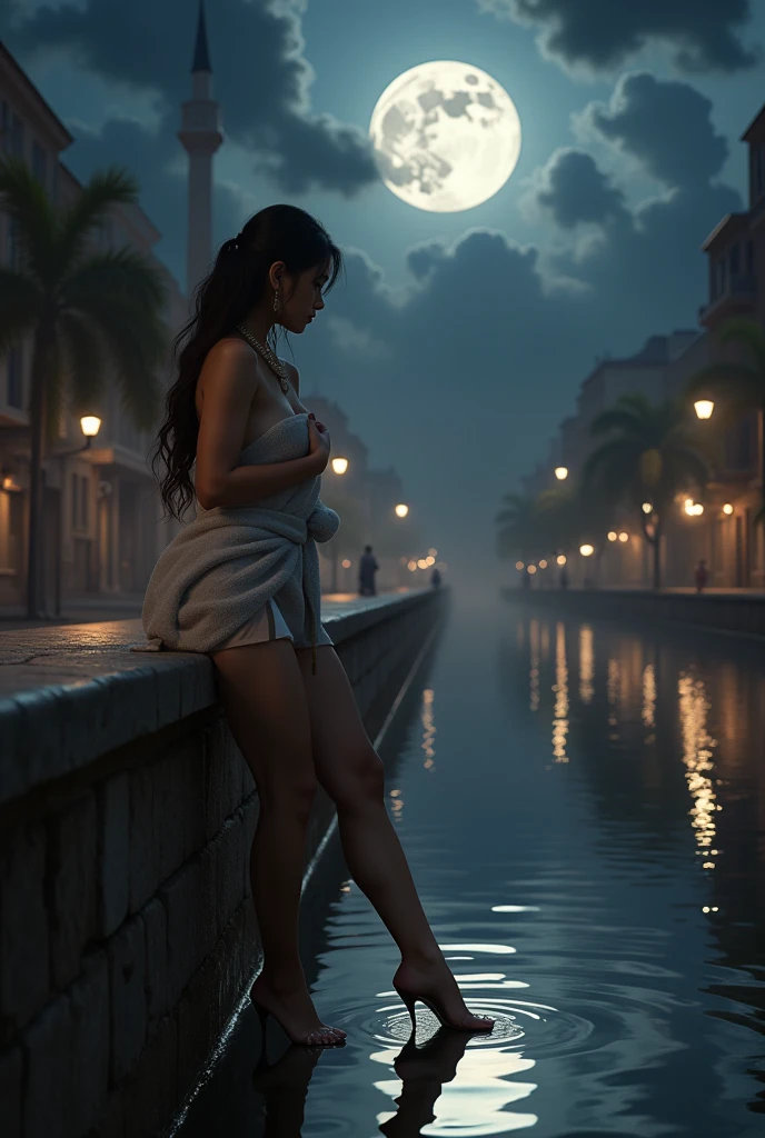 photorealistic girl lean back on city wall, darkk moon with perfect reflection  on the street water pond, long flowing tulle scarf around neck, her hand on the chest, flawless legs and heels, wrapped in towel, long black hair, dramatic lights, looking to viewer, full circle dark moon