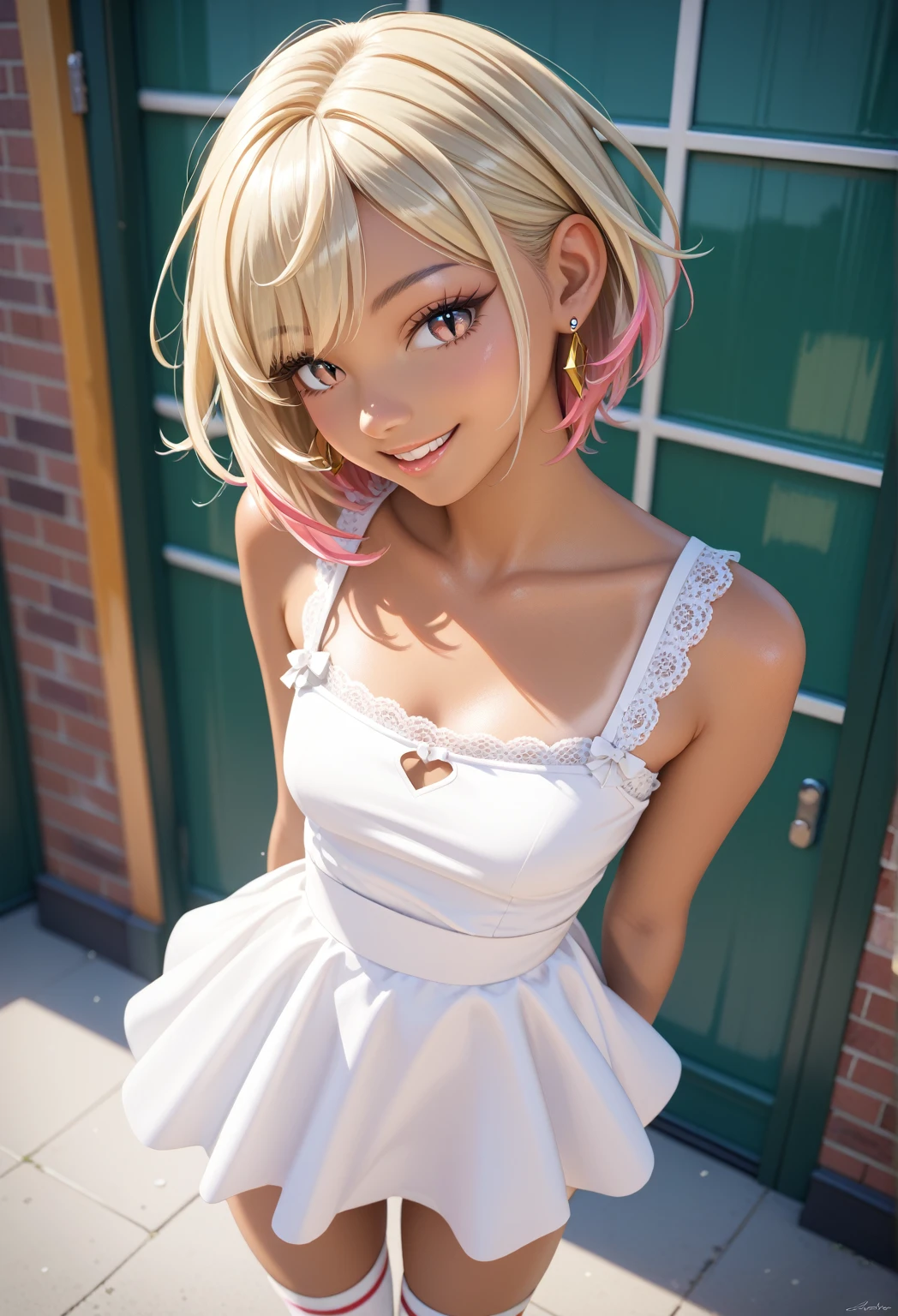 Masterpiece, high quality, tonal high definition, 16K, Makoto Shinkai illustration background, detailed background, young woman, flashy blonde hair, inner colored hair, gal, tanned skin, long eyelashes, slit eyes, ear piercing, belly button dress,, gal fashion, sexy face, knee high socks, smile, side angle Urban station