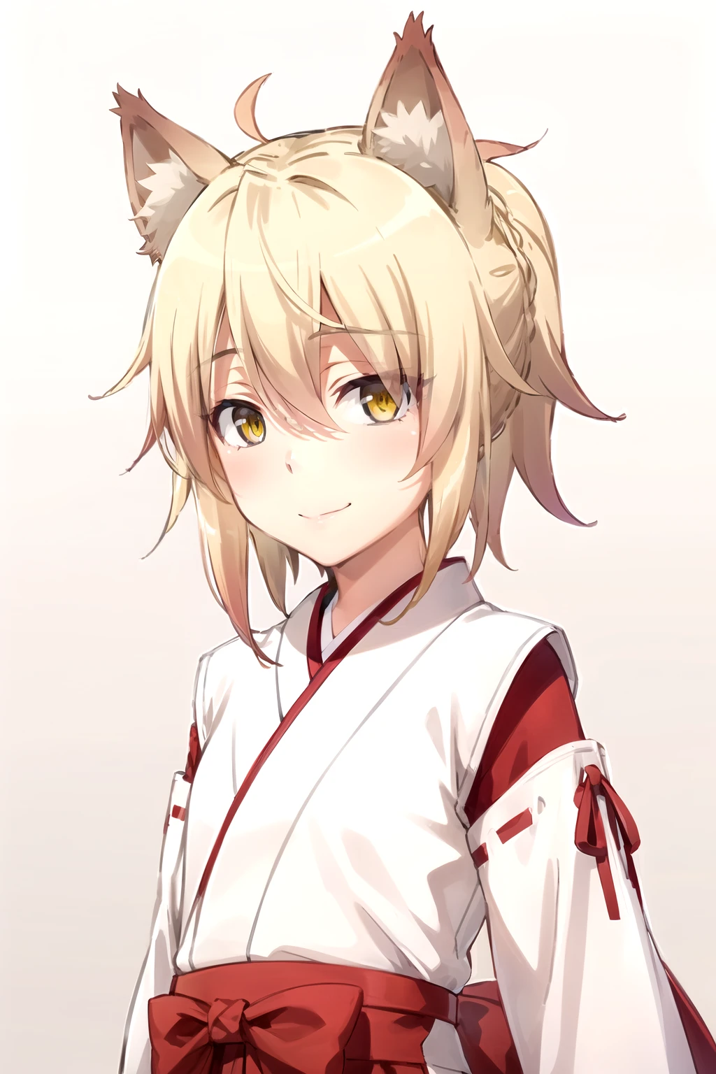  masterpiece ,  Best Quality , 1 girl, feel, blonde hair,  short hair, collect,  yellow eyes,  Fox ears ,  Japanese clothing , red as well, Monkey,  looking at the viewer ,  upper body, smile, Alone, ( simple background , solid gray background )