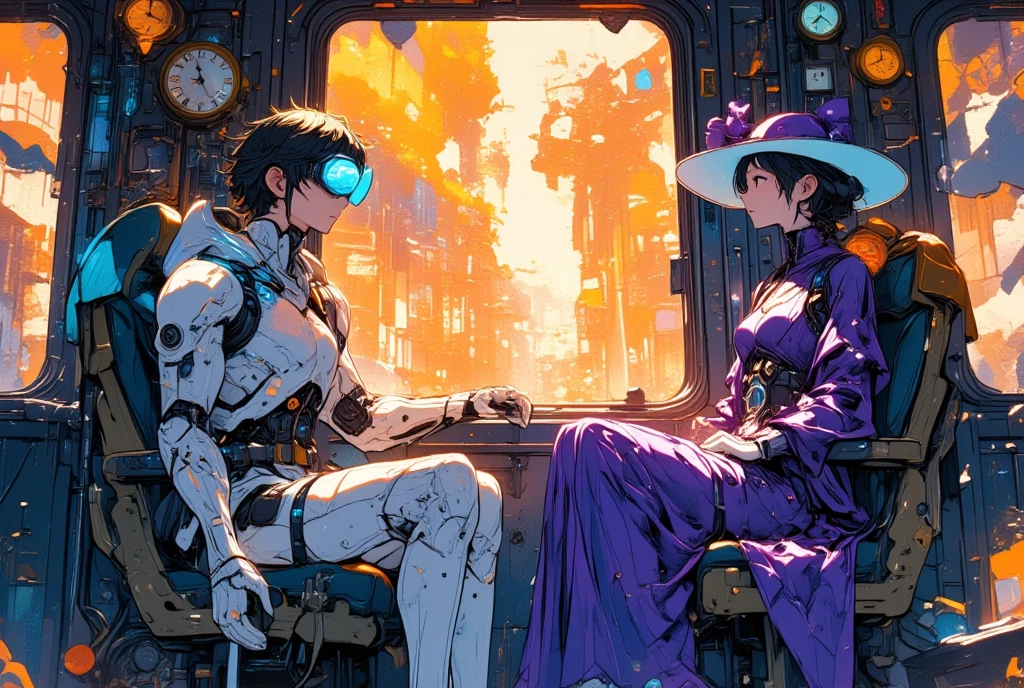 Super realistic illustration, Detailed Fantasy art. Time-Traveling Train, A man and a woman sit facing each other on the seats on both sides of the train. On the left side sits a man from the future wearing a futuristic slippery white jumpsuit and goggle display. On the right side sits a Victorian-style woman wearing a Victorian-style purple dress and hat. The two sit facing each other and stare into each other's eyes. This is a story of love at first sight that transcends time and space between two people who happen to be on the same time leap train during their time travel. From the train window, you can see a distorted space-time landscape and strange orange light that makes you feel the flow of time. The interior of the train is decorated with distorted analog clocks and gear gimmicks. deep composition