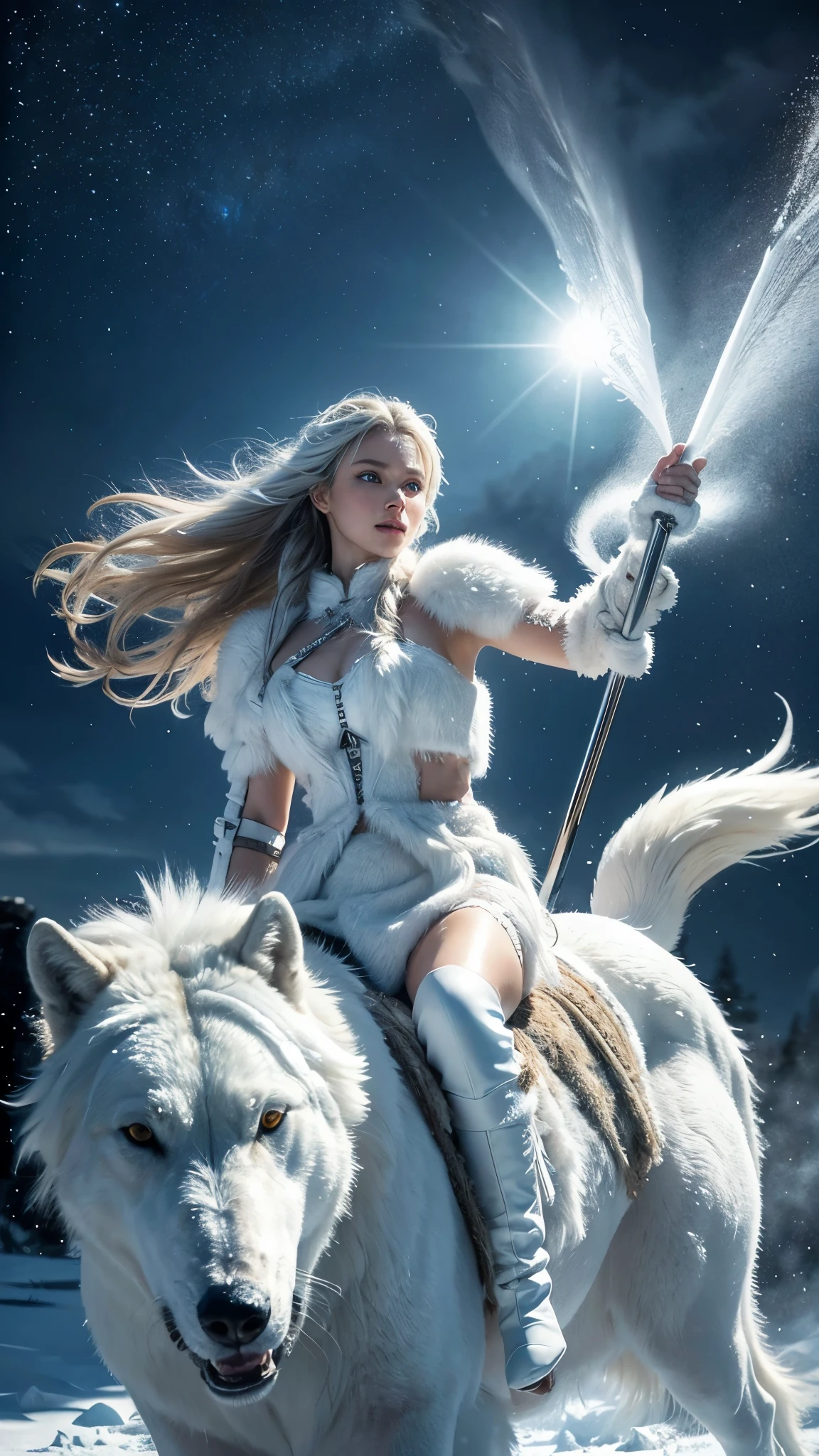 A Nordic barbarian woman, riding on a giant white wolf mount, all white leather and fur outfit, arctic scenery, snow storm, dramatic scene, at night, polar aurora, beautiful shading, vibrant colors, 8k, snow particle effects, photo-realistic, HDR, intricate details, detailed face, detailed eyes, detailed skin, extreme realism