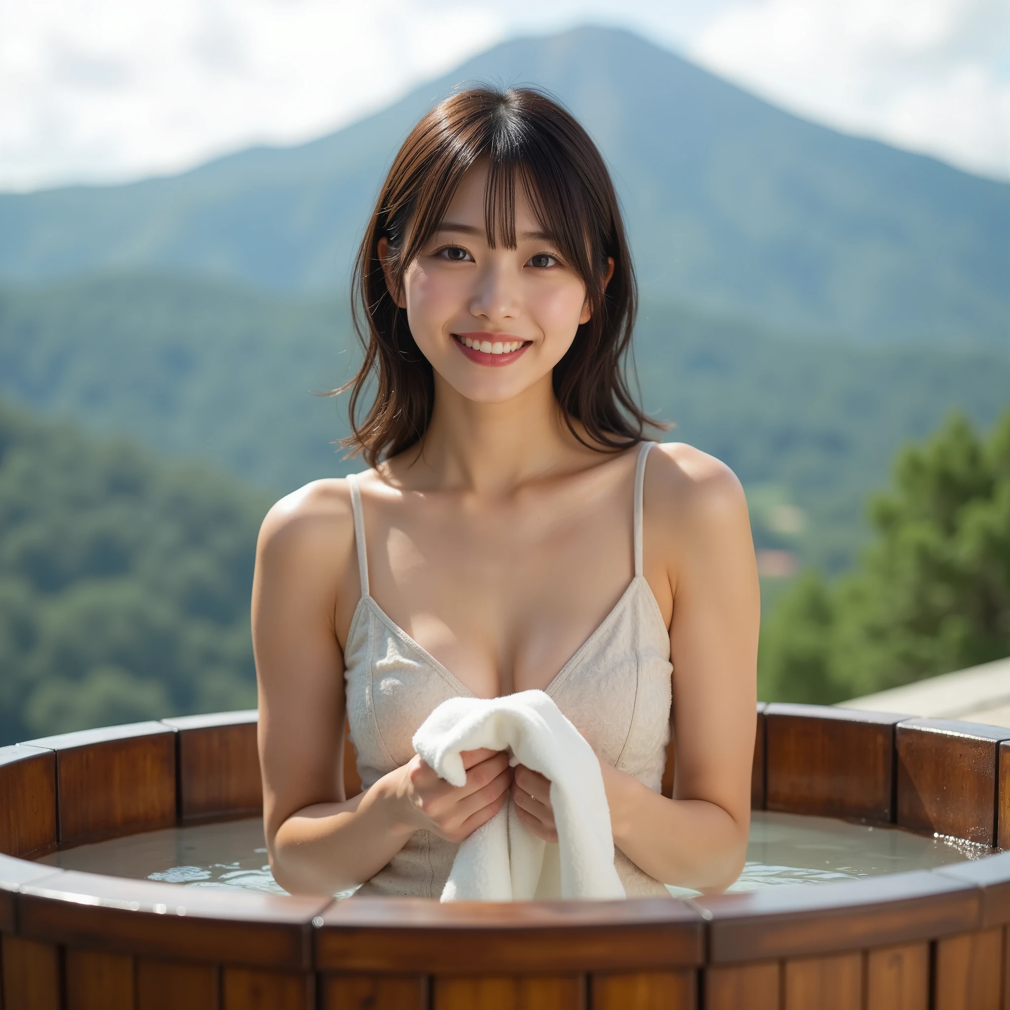 highest quality,1 female,Very large breasts, Diameter about 50cm、Tight waist、Beautiful 20 year old Japanese woman with a very big ass, A smiling woman in an open-air bath with a view of Mt. Fuji