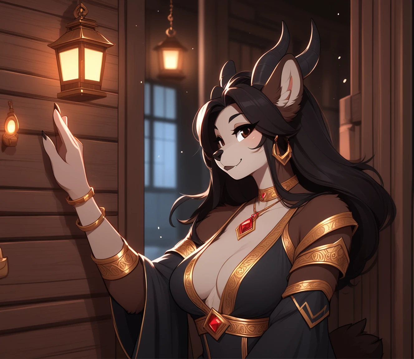 [by teranen], digital art, high quality, masterpiece, ((detailed face)), ((detailed fur:1)), depth of field, 1girl, (white fur), (female), (goat female anthro), anthro, purple eye, (curved horns), brown hair, (goat tail), short muzzle, ((goat)) (thick thighs, big hips, big breasts, perky_breasts, small waist,), glasses, ((blushing)), two-tone body, full body, looking at the viewer, long hair, curly hair, head horns, submissive, cute, (((face view))), (((portrait view))), (half shadow), [crepuscular ray], [detailed ambient light], [gray natural lighting], [ambient light], [explicit content], [sharp focus], (questionable content), (shaded), breedable, cute face, goat girl, suggestive, ((gypsy clothes)), ((cleavage window)), (((nsfw))), hunchback of notre dame,