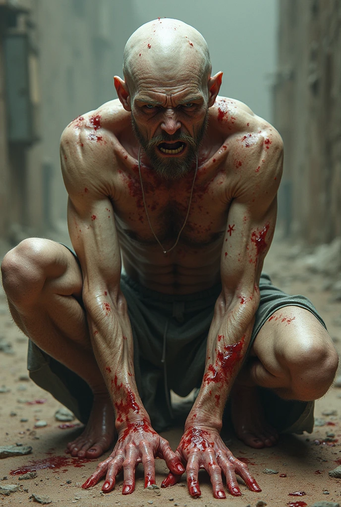 Job sitting on the floor with his body covered in wounds and scratching himself with a shard of glass, grey sky, three men standing accusing him 