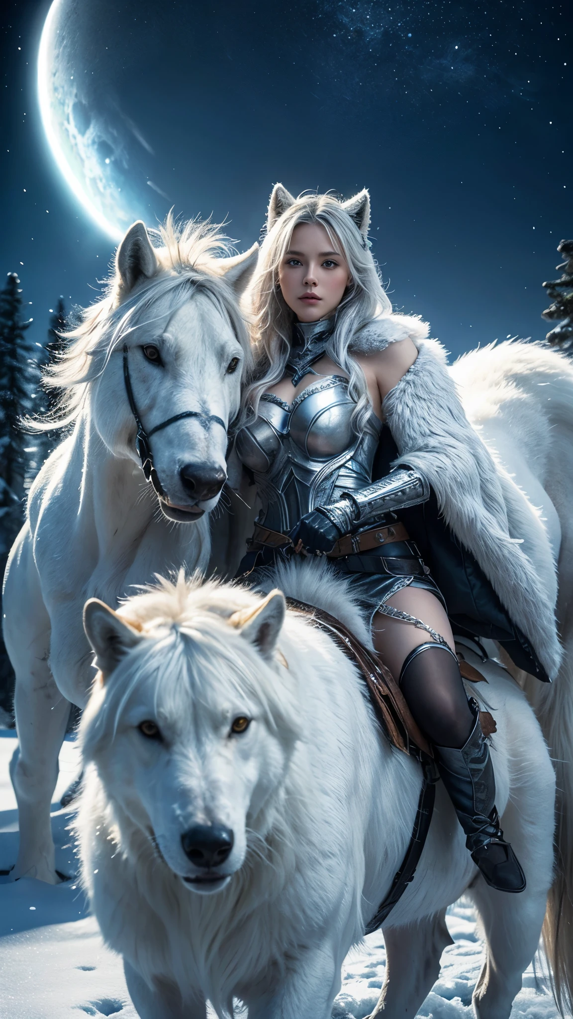 snowing mountain、white wolf、 ((highest quality、masterpiece、8k、best image quality、ultra high resolution、Award-winning work)、(accurate anatomy:1.1)、(look at me and smile:1.1)、Shining fair skin with ultra high resolution、most detailed face、ultra high resolution detailed face、white short hair flowing 、snowy wathear :1.1)、 viking fur clothing, modest breast, real wolf beside the girl