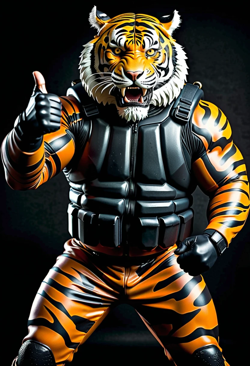 (a dark-skinned bearded fat muscular old man in a bulky army camouflage zipper diver suit) carrying a bazooka, (wearing realistic roaring tiger mask), dynamic action pose, fierce expression, showcasing an imposing stature, surrounded by military elements, dramatic shadows and intense highlights, cinematic color tones, high detail, powerful, art influenced by Bruce Onobrakpeya and Stanley Artgerm, ultra-detailed, best quality image, action-packed atmosphere. fighting stance