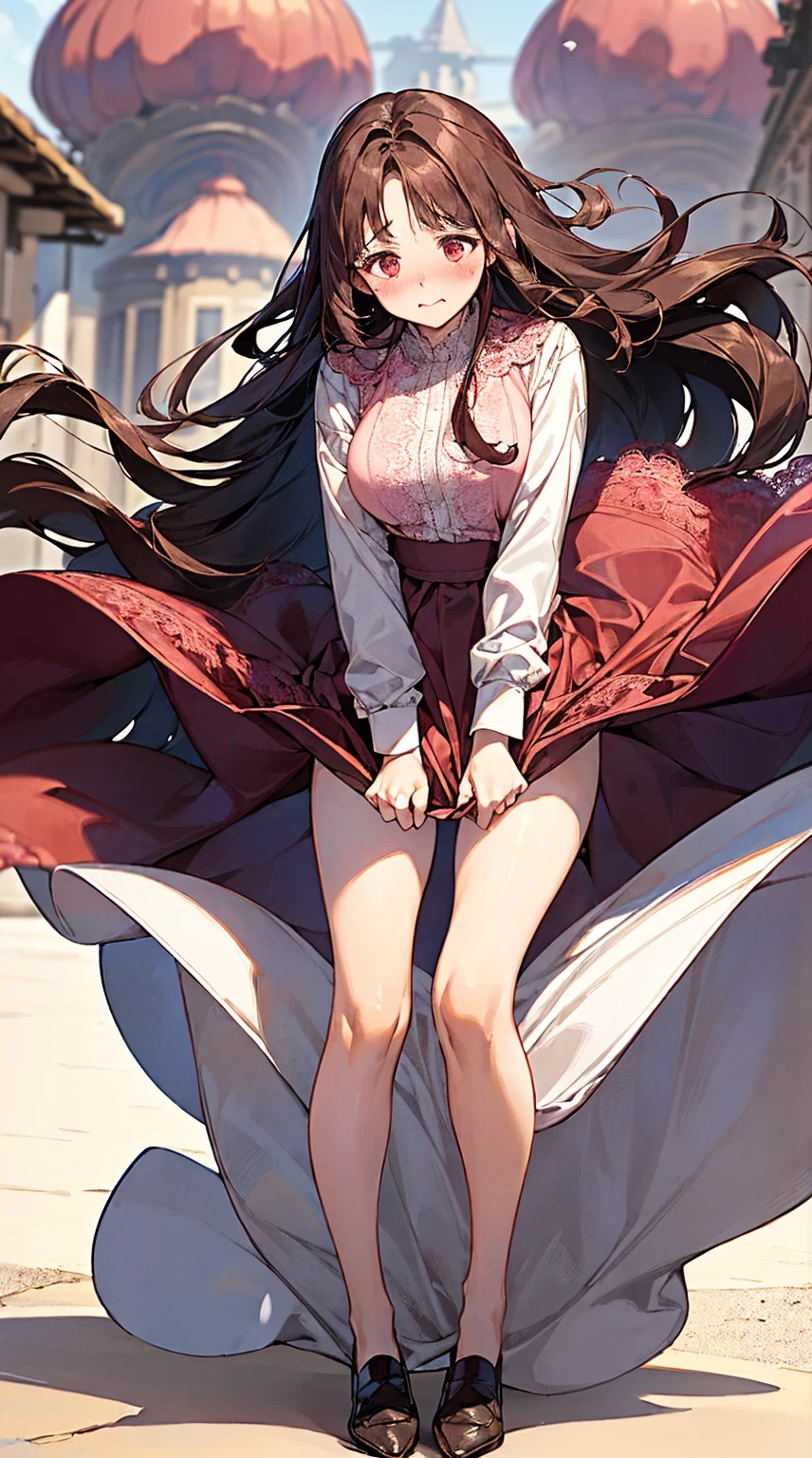 1womanl,dark brown hair,Long Wave Hair、a 20 yo woman、governess、Shy laughter、Beautiful Medium Big、White shirt,Red flared skirt,well-styled,,(Facing the front)(((Blushing cheeks、embarassed expression)),(((The skirt is rolled up by the wind)))、((You can see all the panties))、Light Pink Lace Panties