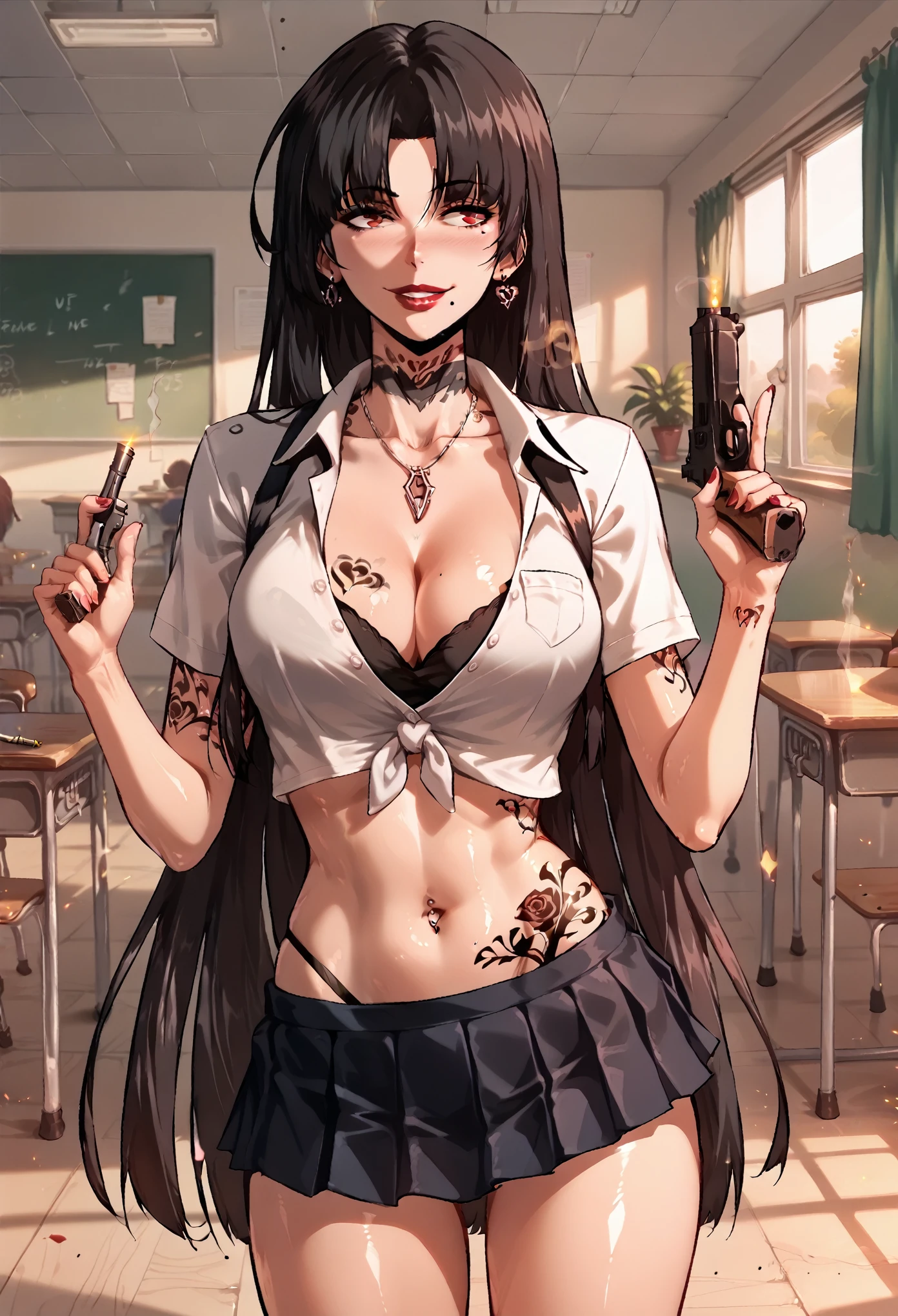 Moebius, red eyes, black hair, very long hair,  large breasts, ear piercing, long hair, blush, lipstick,Hot girl, baddie, bad attitude, mean girl,smoking, sensual, attractive, masterpiece, best quality, ((unbuttoned school uniform, cleavage, necklace, earrings, sexy body,
breasts)) , micro skirt, smiling, navel , exposed belly, exposed navel,(nsfw) not safe for work,school,
classroom , hold a gun,knot, holding pistol,navel piercing , tattoo on body, tattoo midriff, rose tattoo, shiny skin