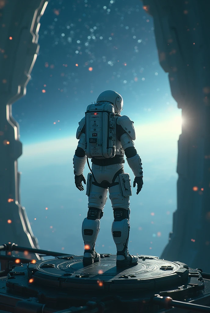 (Best Quality, 4k, ultra detailed, high resolution, Masterpiece: 1.2),(wide angle, Character in the distance on a futuristic building:1.5), There is a character seen from afar, located on a high observation point:1.4. It is small compared to the surroundings., highlighting the magnitude of the ship. The character is equipped with a space suit:1.5, with flashing lights and mechanical details.view of outer space: Through the ship&#39;s openings, you see a vast starry space. The stars are unevenly distributed., creating variable densities and suggesting the remoteness of some celestial objects.