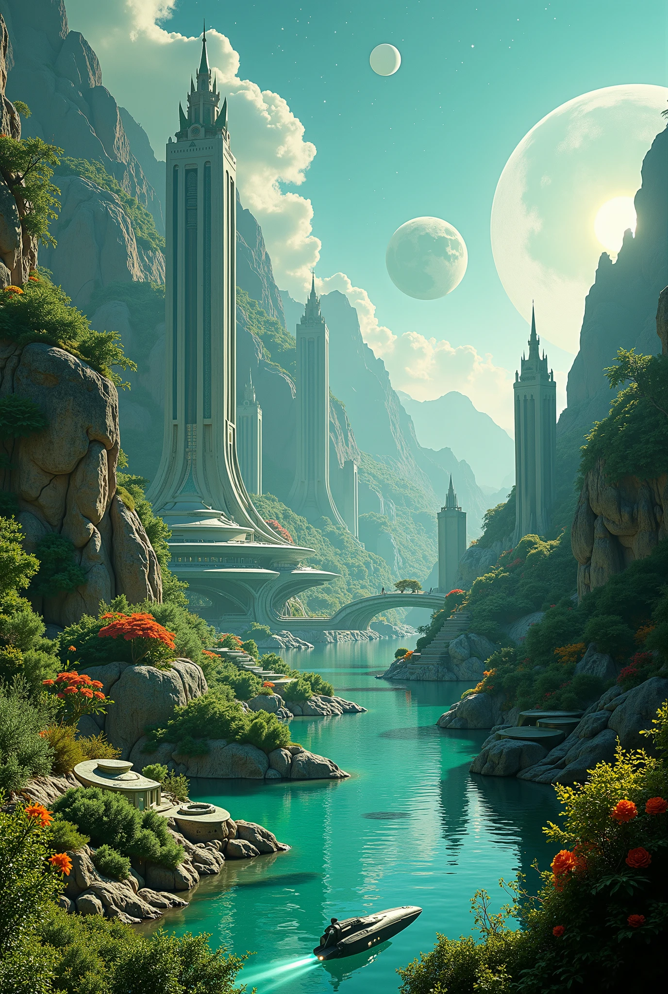 "An ultra-detailed, cinematic depiction of an alien civilization thriving in a futuristic space fantasy landscape. The scene features a spatial futuristic castle towering over a serene, small river pond surrounded by a lush space forest adorned with sage green flowers and leaves, their vibrant hues softly glowing under the ethereal starlight. Nearby, a picturesque space village thrives, blending advanced technology with natural beauty, its structures designed with elegant curves and exotic materials.
The environment showcases a stunning aquatic ecosystem with ripples and reflections shimmering in the water, adding depth and tranquility to the landscape. Above, a breathtaking celestial vista unfolds, featuring a radiant sun, a mysterious moon, scattered stars, and enormous floating rocks that add a surreal charm. A sleek spaceship hovers in the background, highlighting the fusion of nature and advanced alien technology.
The scene is illuminated with cinematic lighting, creating sharp contrasts, dramatic shadows, and subtle lens flares that enhance the depth and realism. Rendered in vibrant colors, the composition embraces retrofuturistic aesthetics with high detail and a soft 1970s sci-fi inspiration, blending fantasy and realism seamlessly. The overall atmosphere feels otherworldly yet inviting, capturing the imagination with its intricate design and harmonious balance between nature and technology."