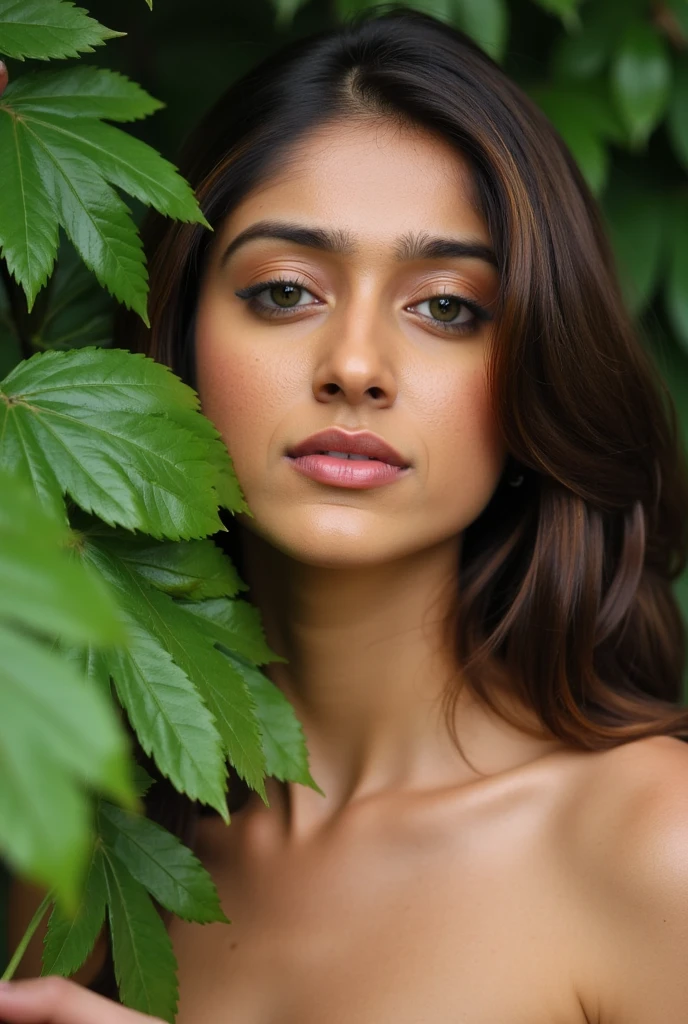 (a naked woman covering her body in green leaves, beautiful detailed eyes, beautiful detailed lips, extremely detailed face and skin, delicate feminine features, detailed floral leaves, lush green foliage, natural lighting, cinematic composition, photorealistic, hyper detailed, 8k, masterpiece)