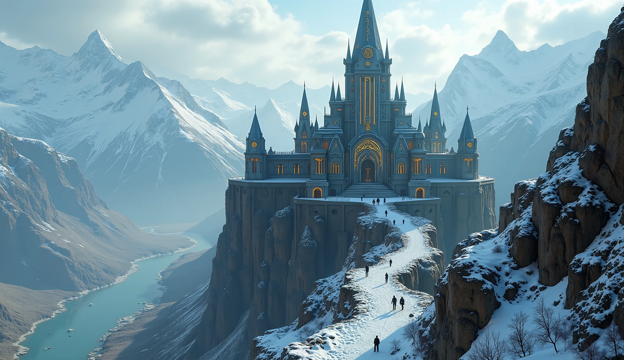 Snowy winter scene, metallic mechanical sci-fi fortress on a mountain cliff, fortified abbey with cybernetic and gothic elements, overlooking a winding river valley, mountain backdrop, adjacent watchtower with four cardinal turrets, abundant snow, golden runes and glowing cybernetic lines, enchanted grimdark landscape, hazy distant mountains, partly cloudy sky, serene yet imposing atmosphere. Intricate architectural details, vibrant contrasts, soft natural light, cinematic high-angle view. Ultra-realistic textures, 32k resolution, masterpiece quality, detailed realistic background, official art style, realistic lighting, filmfotos aesthetic, film grain, reversal film photography, richly detailed, and immersive grimdark tone.