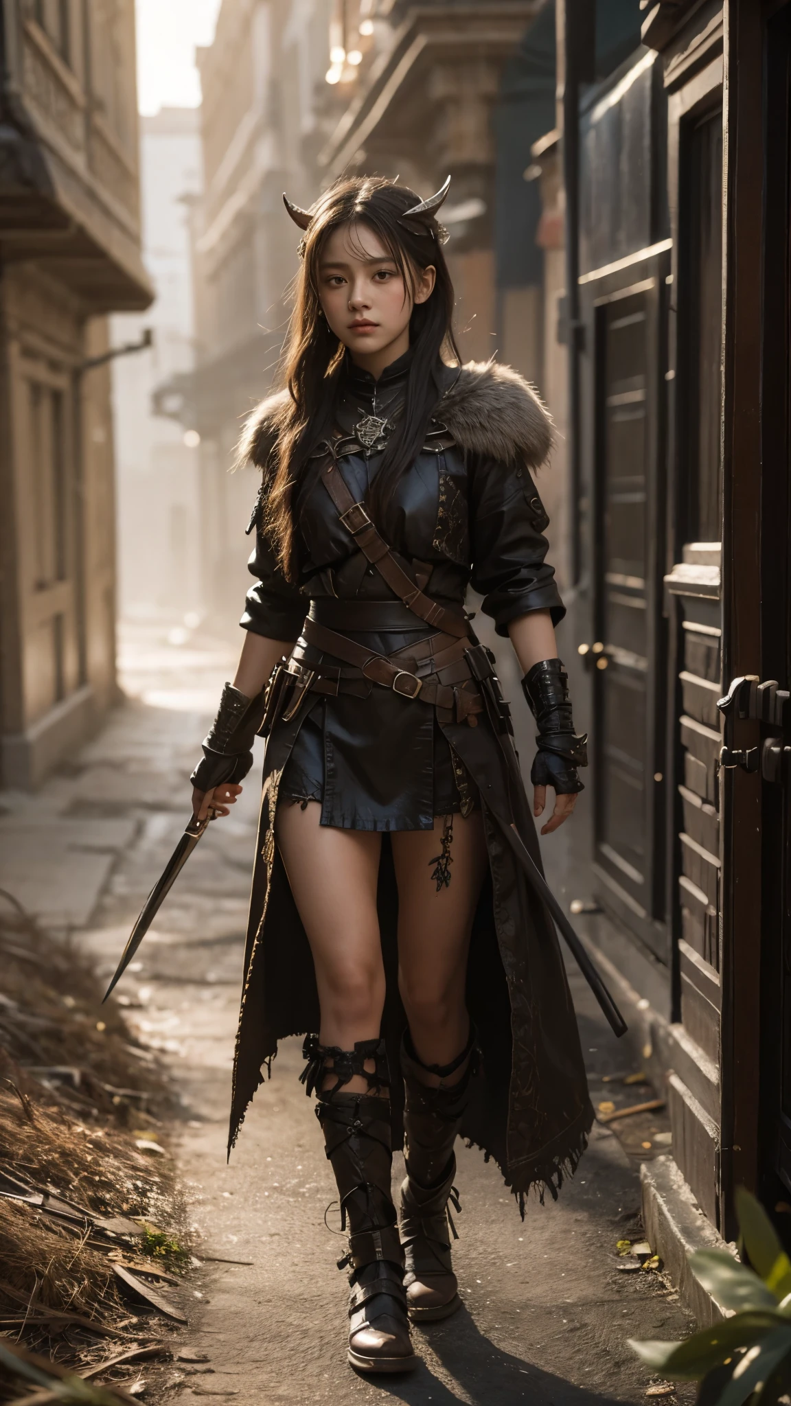 detailed full body concept art illustration, dark soft focus, plague style oil painting on canvas of a little viking warrior girl in full intricate clothing, biomutant, dystopian, micro detail, octane render, 4K