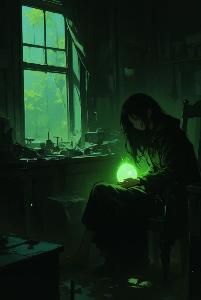  someone is holding a green amoeba in their hands in a dark room、 Messy Room、chair、window、Reusch、Stylized Paintings 、Speed Painting、Digital painting inspired by the painting of a woman on a black background in a 、 Lovecraft atmosphere 、Low quality image 、 cinematic shot 、Omen from Valorant 、anime, throw,  poster and magazine illustration effects, 