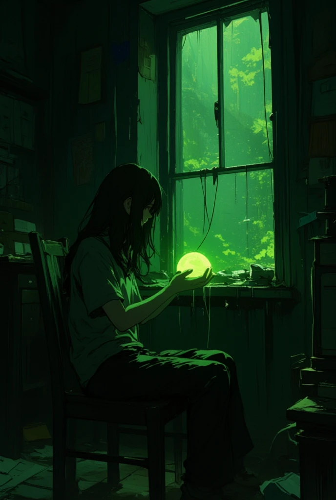  someone is holding a green amoeba in their hands in a dark room、 Messy Room、chair、window、Reusch、Stylized Paintings 、Speed Painting、Digital painting inspired by the painting of a woman on a black background in a 、 Lovecraft atmosphere 、Low quality image 、 cinematic shot 、Omen from Valorant 、anime, throw,  poster and magazine illustration effects, 