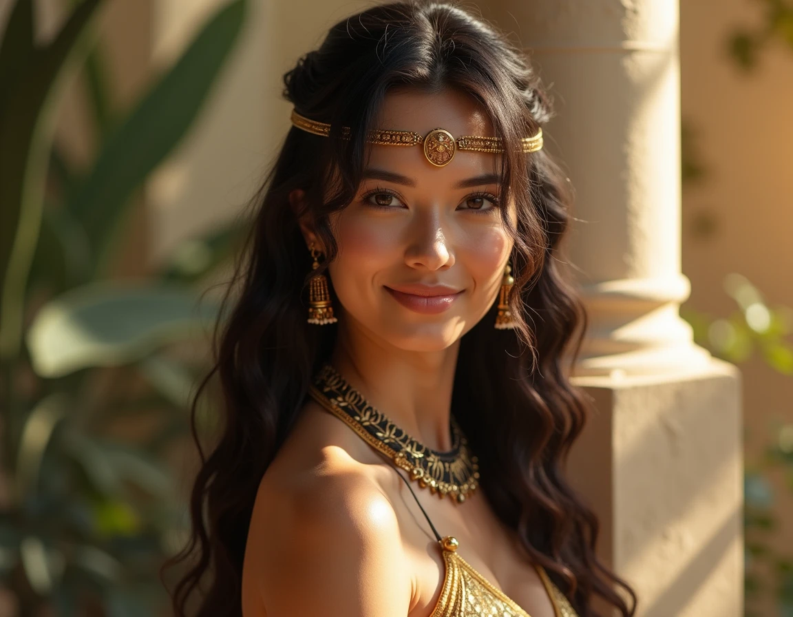 (best quality,highres,phographic),beautiful smiling woman,ancient Egyptian-style hair, golden dress, nude breast, Egyptian necklace, penetrating gaze, vibrant colors, elegant lighting, detailed facial features, mesmerizing beauty, graceful posture, regal aura, stunning artwork, exquisite craftsmanship