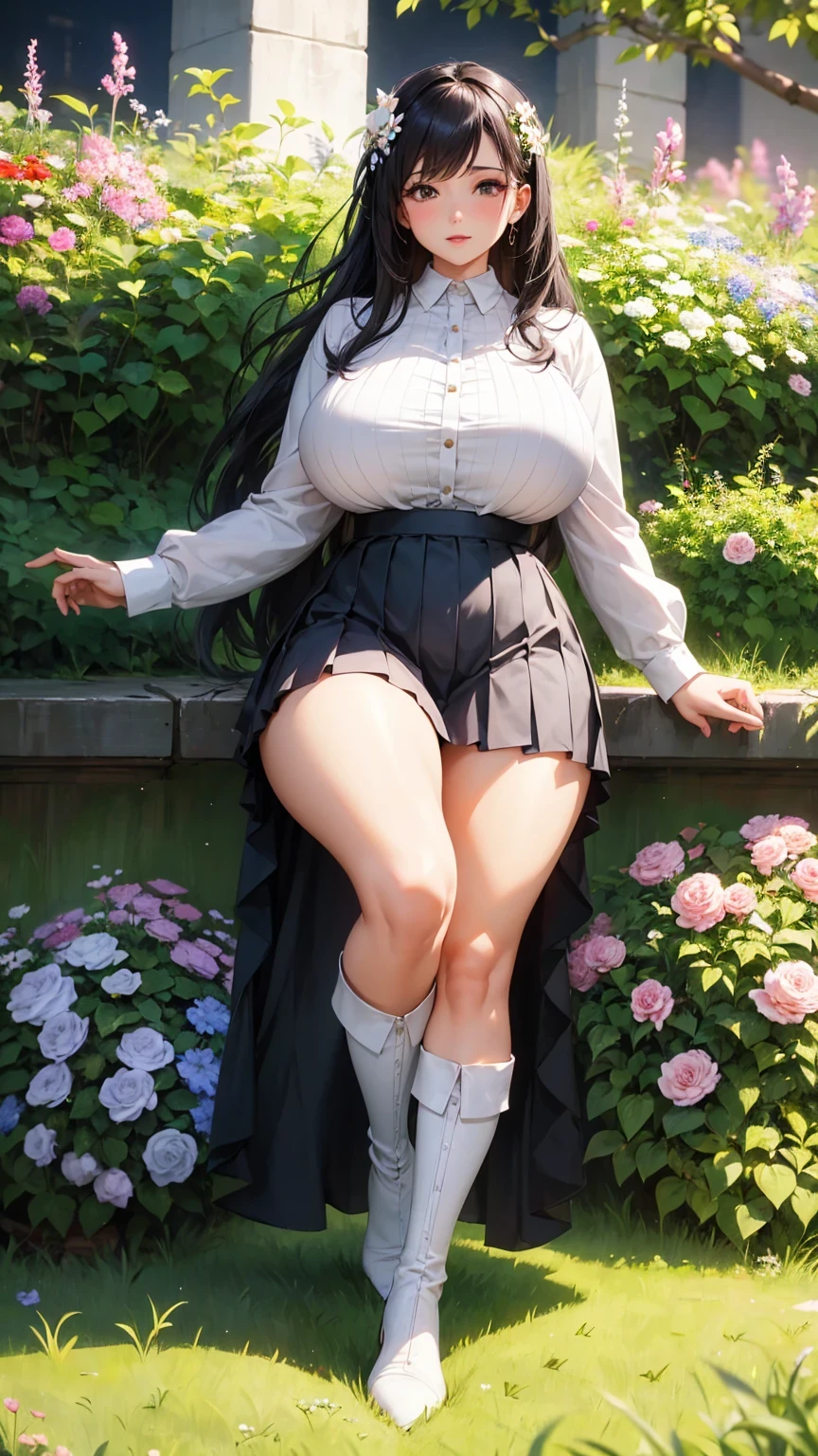 30 years old woman seen from below, full voluptuous body, detailed long thick legs, detailed big breasts, wearing shirt and pleated skirt, long white boots, in a night place full of flowers and plants, long grass, stepping on the grass.