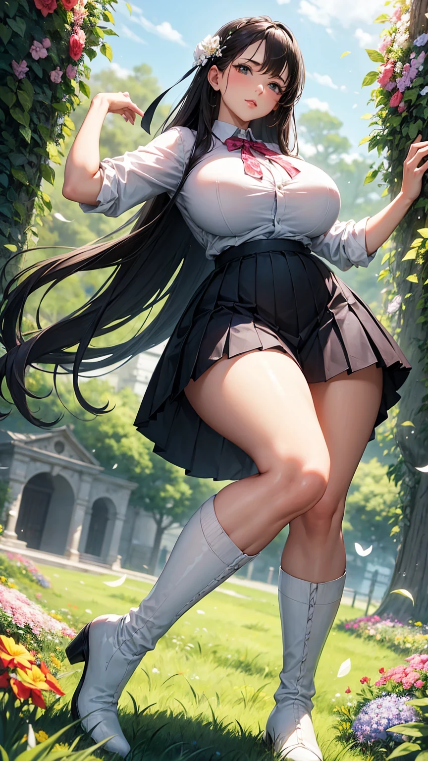 30 years old woman seen from below, full voluptuous body, detailed long thick legs, detailed big breasts, wearing shirt and pleated skirt, long white boots, in a night place full of flowers and plants, long grass, stepping on the grass.