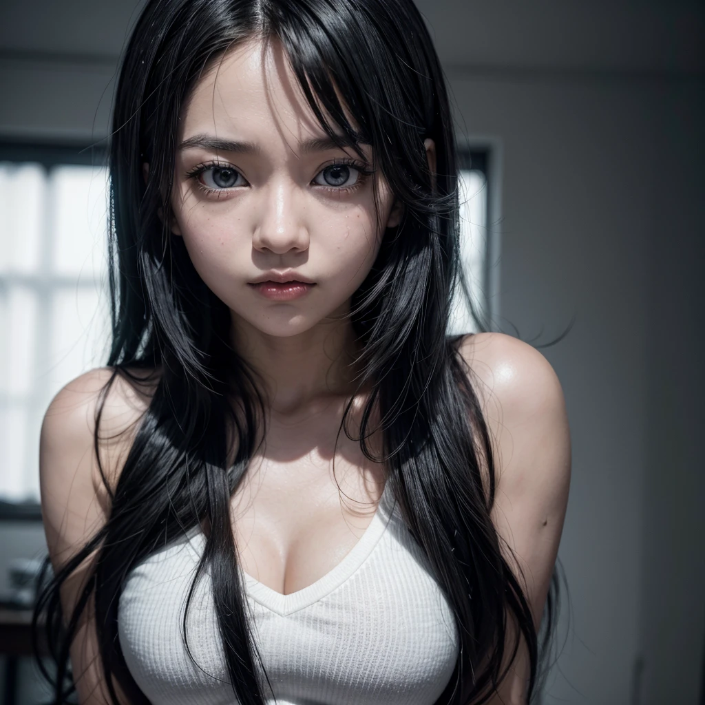 Sadako, soak, wet, gray skin, There is hair covering the face., sexy for, ((naked body)), Sadako crawled out of the TV,woman sleeping in front of tv, Japanese horror movies, Hajime Isayama's style, Japanese horror movies movie footage, Junji 4K this, Japanese pop surrealism,