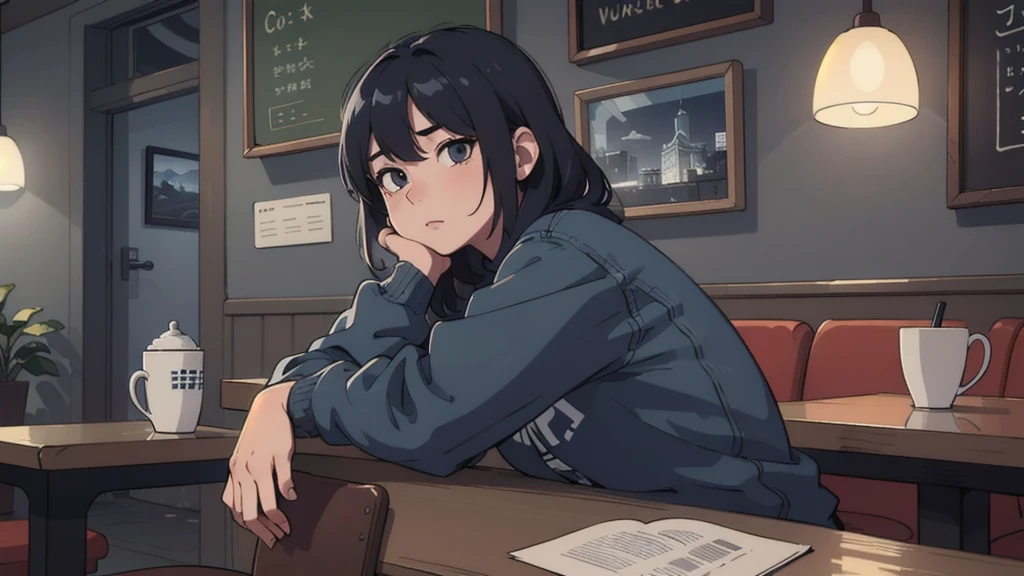 Ultra-realistic, best quality , High image quality, Details, high definition , 8k, 超 high definition , soft saturation, professional quality , perfect contrast , perfect lighting , great quality, 1girl, sitting in a cafe, bored, wearing sweater and jeans, head resting on hand