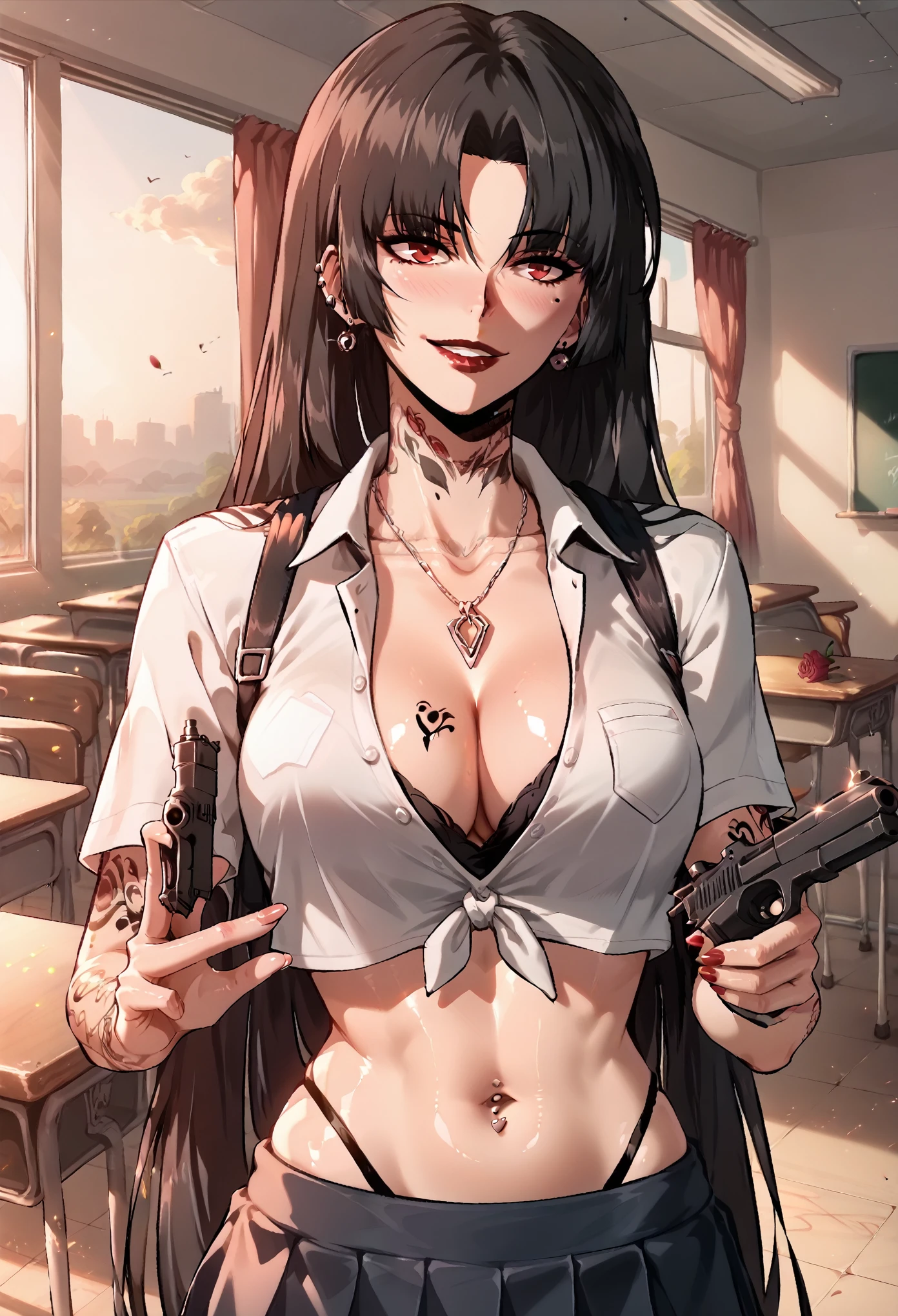 Moebius, red eyes, black hair, very long hair,  large breasts, ear piercing, long hair, blush, lipstick,Hot girl, baddie, bad attitude, mean girl,smoking, sensual, attractive, masterpiece, best quality, ((unbuttoned school uniform, cleavage, necklace, earrings, sexy body,
breasts)) , micro skirt, smiling, navel , exposed belly, exposed navel,(nsfw) not safe for work,school,
classroom , hold a gun,knot, holding pistol,navel piercing , tattoo on body, tattoo midriff, rose tattoo, shiny skin