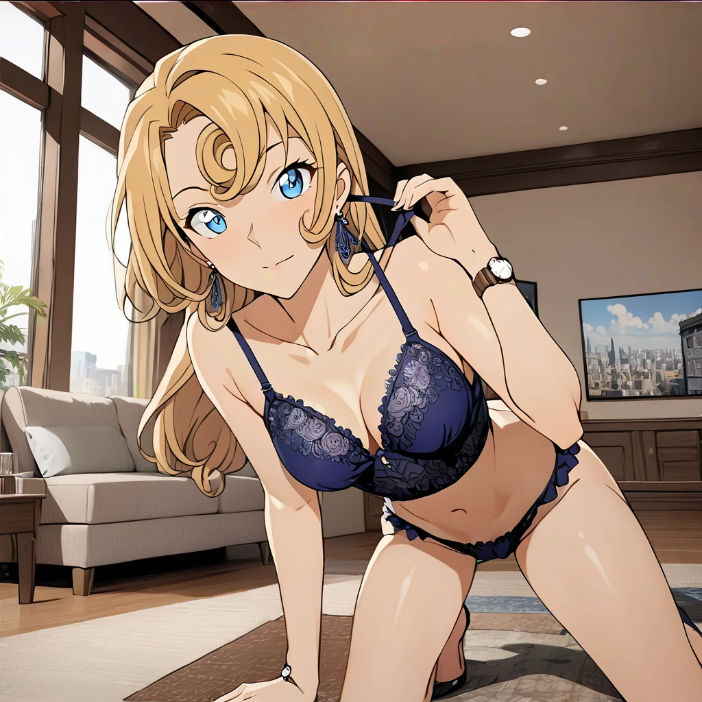 (masterpiece, 最highの品質:1.5), (( extremely detailed:1.5)), high(resolution:1.5),  anime style , photograph, photographgraphy,   detailed background,1. Beautiful girl、, blonde hair 、 Ray Dianmin,  , watch the audience , earrings for a woman alone,  Window ,  living room , anime style, 1girl,break seductively posing on all fours on a bed,,  (nsfw,strap lift,nipple slip:1.3) ,sexy lingerie,see-through,
,break  leaning forward, looking at viewer,