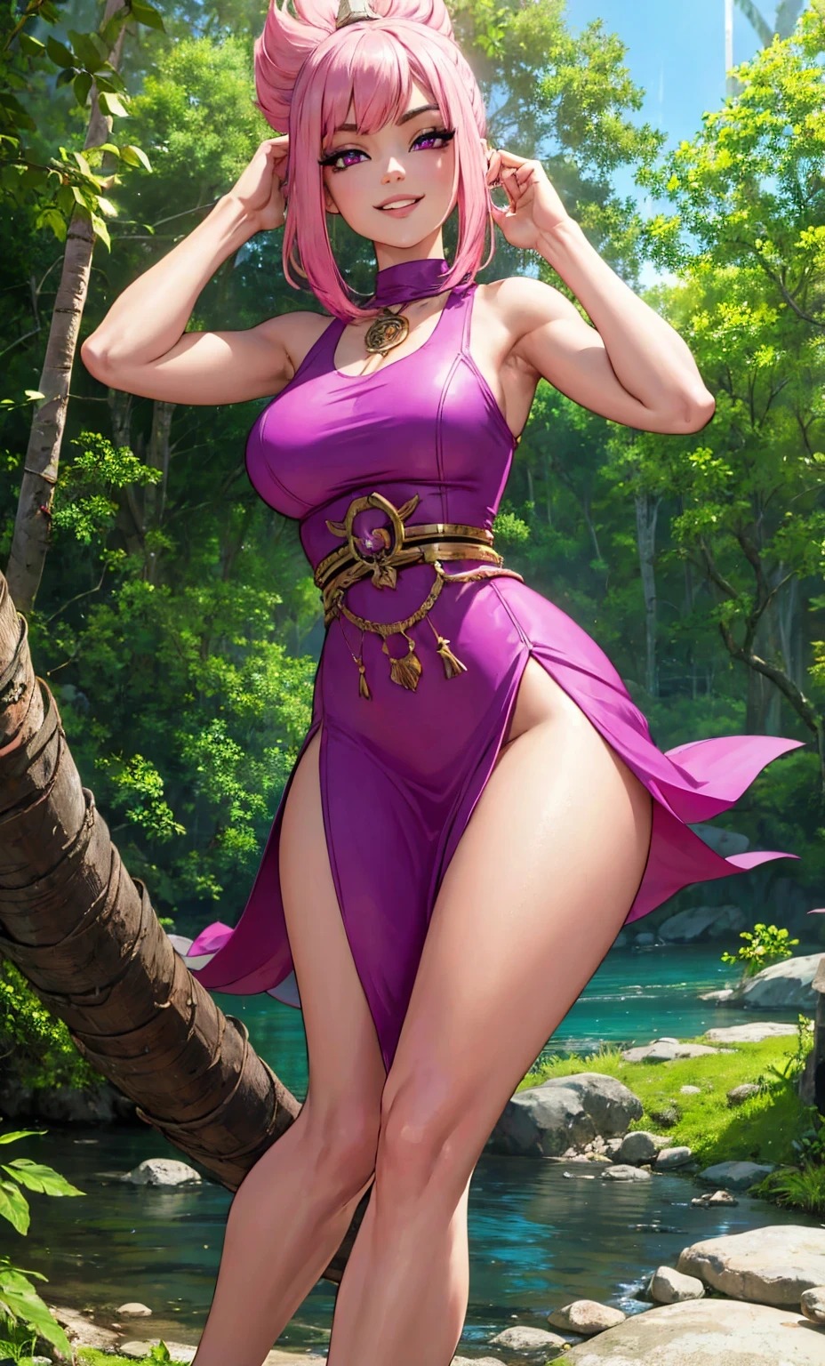Perfect face. Perfect hands. A pink haired woman with violet eyes with an hourglass figure in a cool dress is smiling in the jungle
