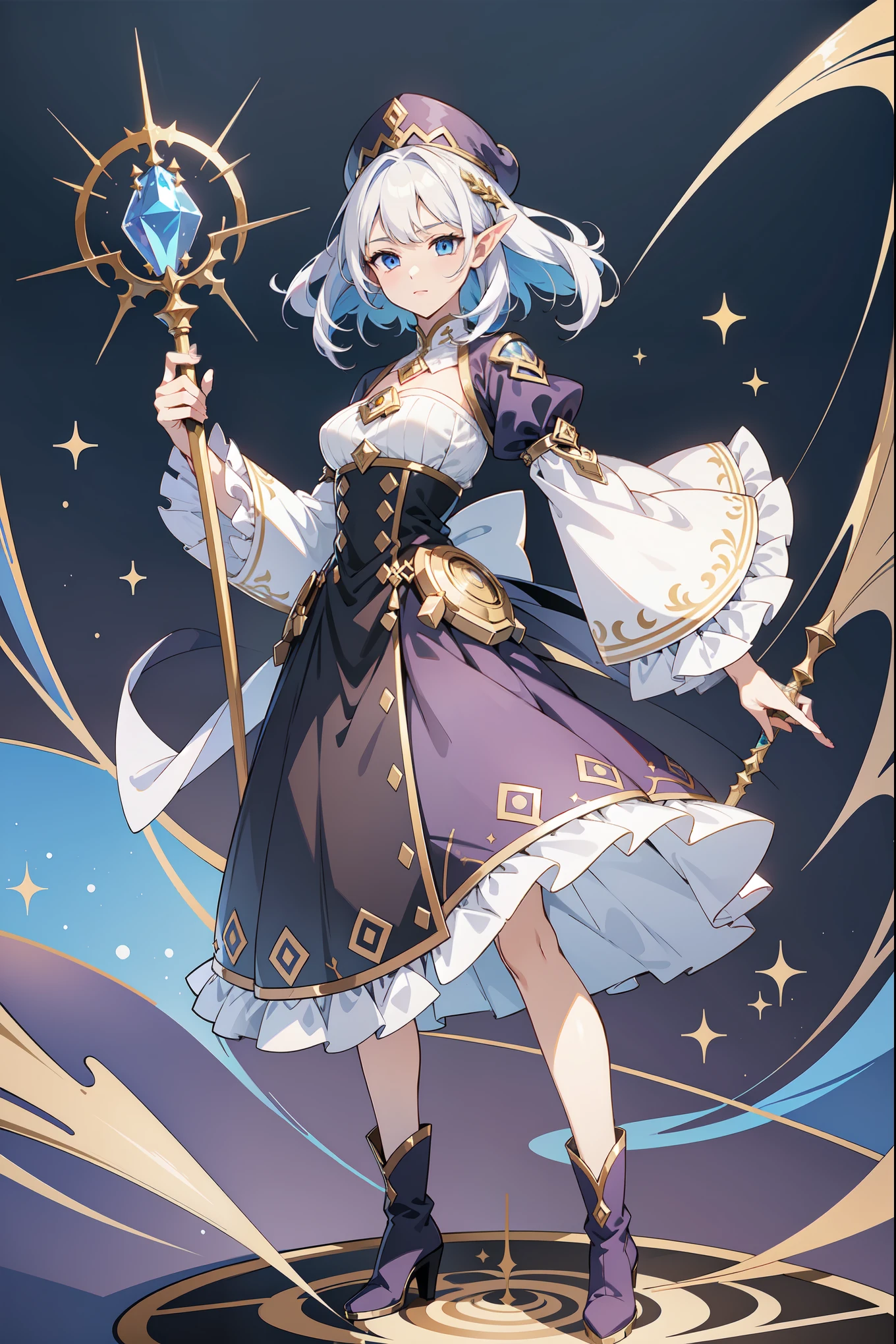 Image is a fullbody digital illustration of ragnarok online character, featuring a full-body young female elf with large, beautiful amber eyes and light skin. She has long, white hair and pointed ears, wearing a large, pointed wizard hat adorned with a star pattern and a purple gem. Her outfit consists of a black and blue dress with a diamond pattern on the bodice, white ruffled sleeves, and a blue skirt. She holds a magical staff with a glowing, crystalline tip emitting blue light and shards. Her boots are blue with gold accents, matching the overall color scheme. The background is plain white, emphasizing the character's vibrant design. Ensure no part of the character is cropped or cut off. Highly detailed, vibrant colors, and realistic proportions.