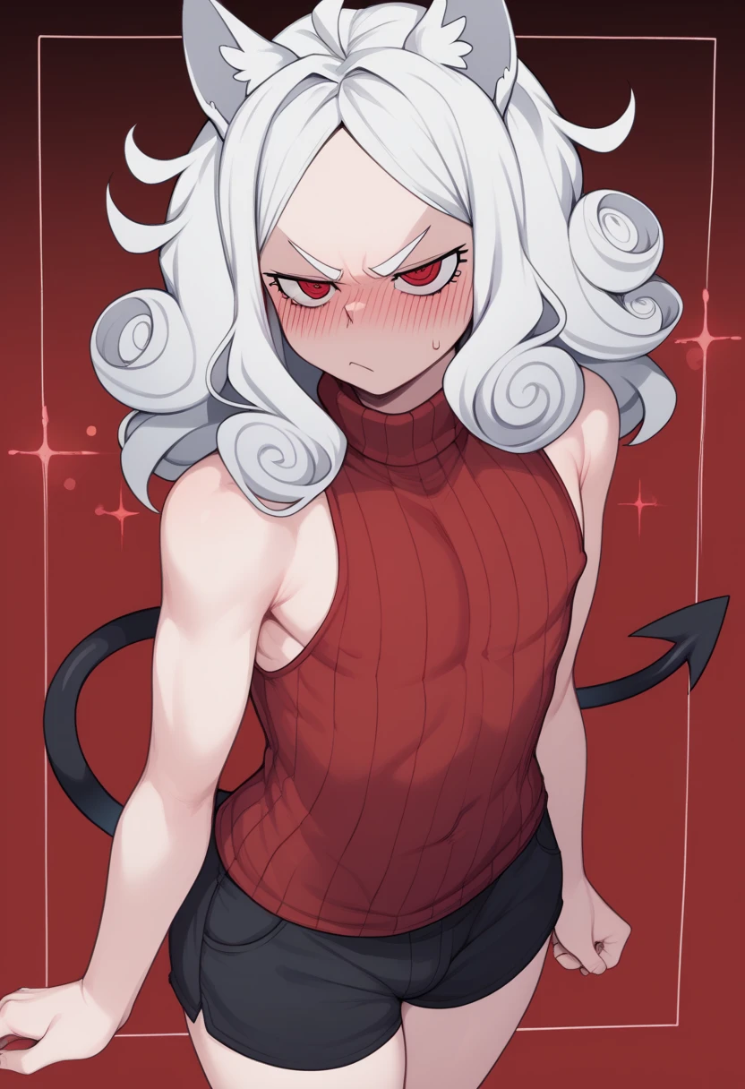 the embodiment of war as a femboy knight, helltaker demon boy 1, dog ears, cerberus, red sleeveless sweater, red eyes, curly hair, red background, room background, detailed background, background with details, highlights, shadows and lights, black shorts, red eyes, alone, red and gray background, sleeveless shirt, femboy, annoyed, displeased, closed mouth, seriousness, blush